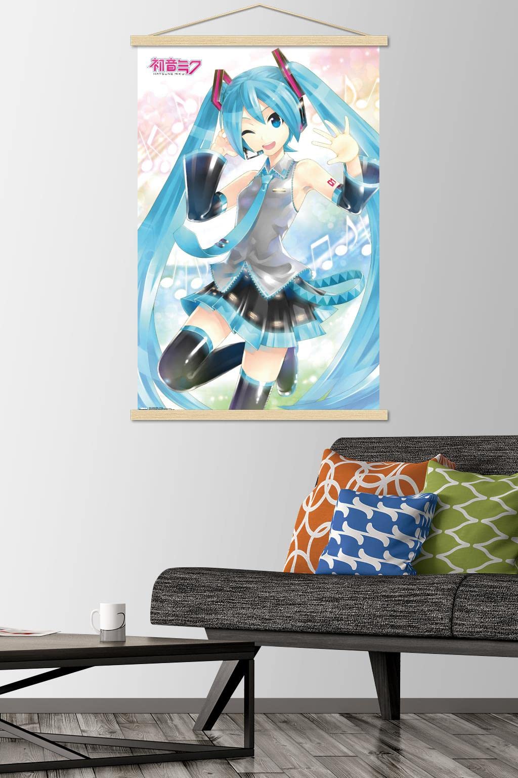 Trends International Hatsune Miku - Waving Wall Poster, 22.375'' X 34'', Premium Print And Beechwood Hanger Bundle