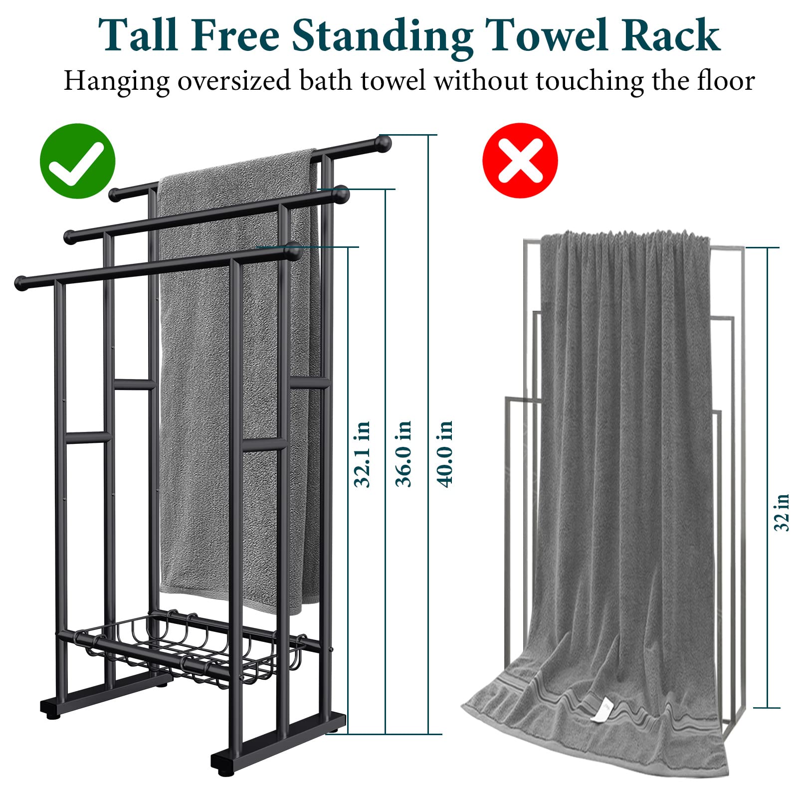 Kayfia 40'' H Free Standing Towel Rack, 3 Tier Alloy Steel Stand With Basket, Blanket Drying And Display Rack For Oversized Bath