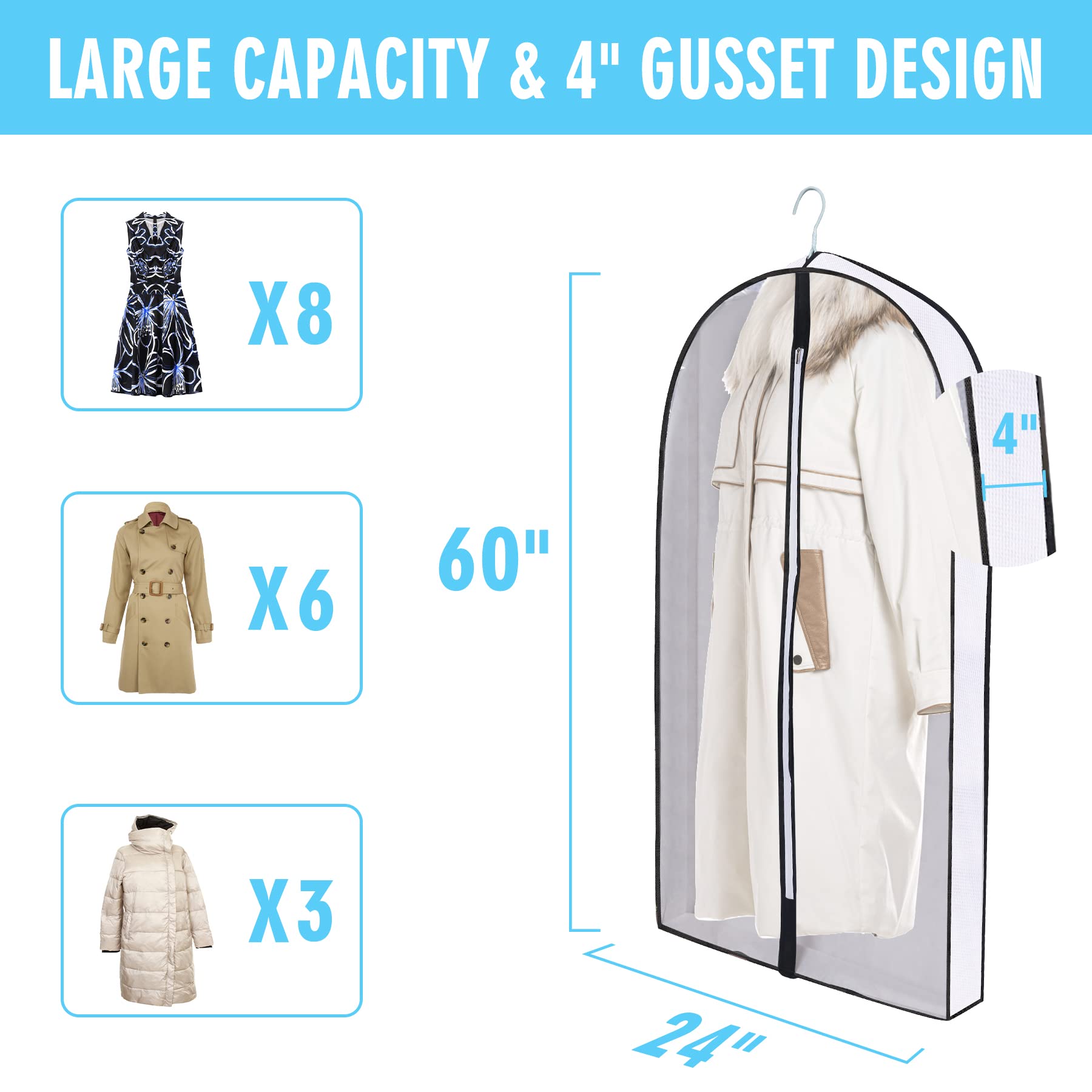 Winfong 60'' Garment Bags For Hanging Clothes, Clear Moth Proof Suits Covers With 4'' Gussets For Closet Storage And Travel Hang