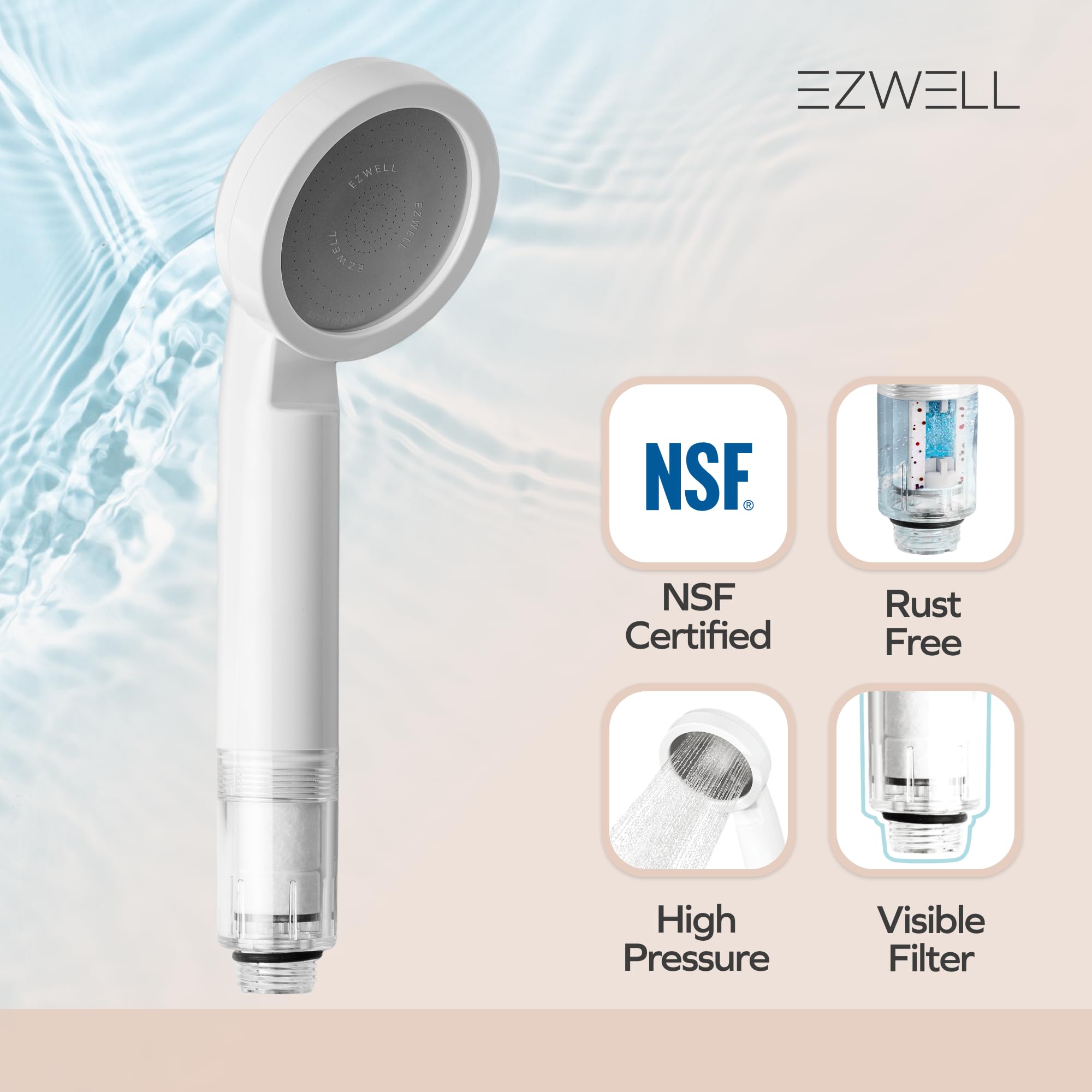 Ezwell Visible Filtered Shower Head Lite Sediment Filter With High Pressure Nsf Certified Korea| Filtration System, Removes Rust
