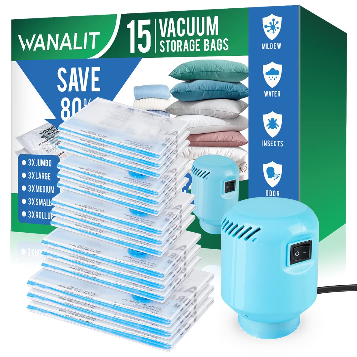 Vacuum Storage Bags With Electric Air Pump, 15 Pack (3 Jumbo, 3 Large, 3 Medium, 3 Small, 3 Roll Up Vacuum Sealer Bags) Space Sa