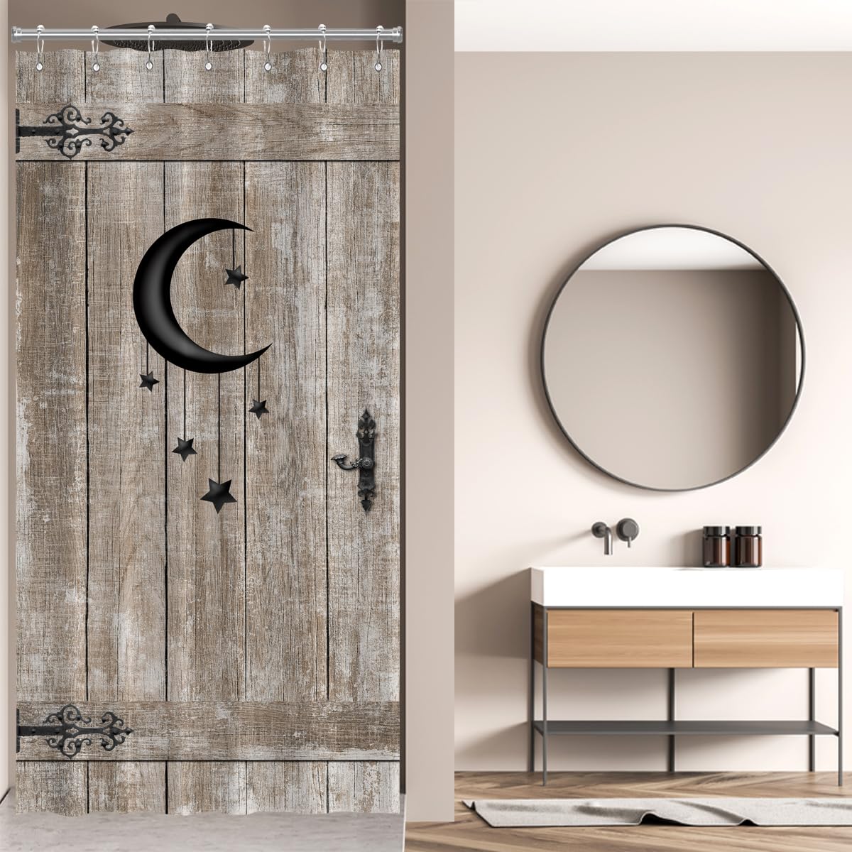 Zxmbf Moon Star Barn Door Shower Curtain Small Stall Rustic Wooden Plank Vintage Farmhouse Country Old Garage 72Lx36W Inch Home
