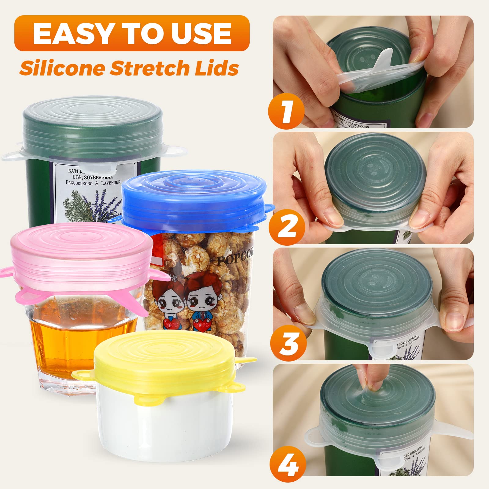 Nuogo 60 Pieces Silicone Stretch Lids 2.6-3.3 Inch Reusable Microwave Cover For Food Bowl Covers Silicone Covers For Bowls, 4 Co