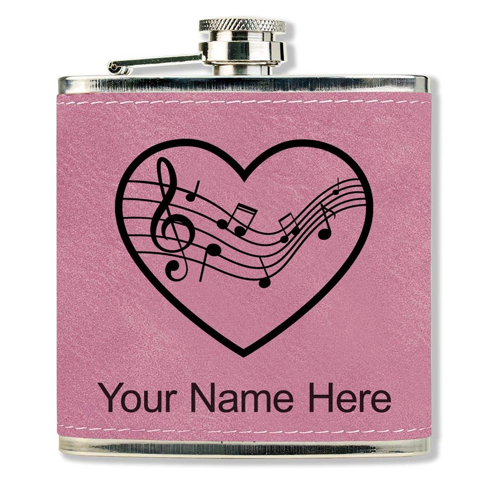 Faux Leather Flask, Music Staff Heart, Personalized Engraving Included (Pink)