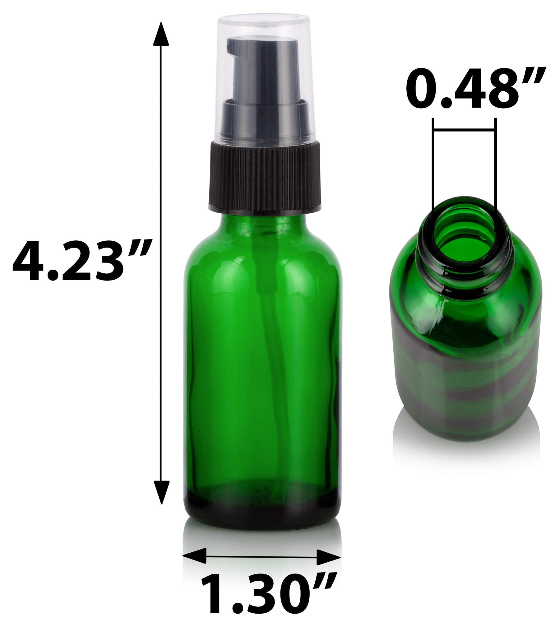 Juvitus 1 Oz / 30 Ml Green Glass Boston Round Bottle With Black Treatment Pump (12 Pack) + Clear Travel Bag And Funnel