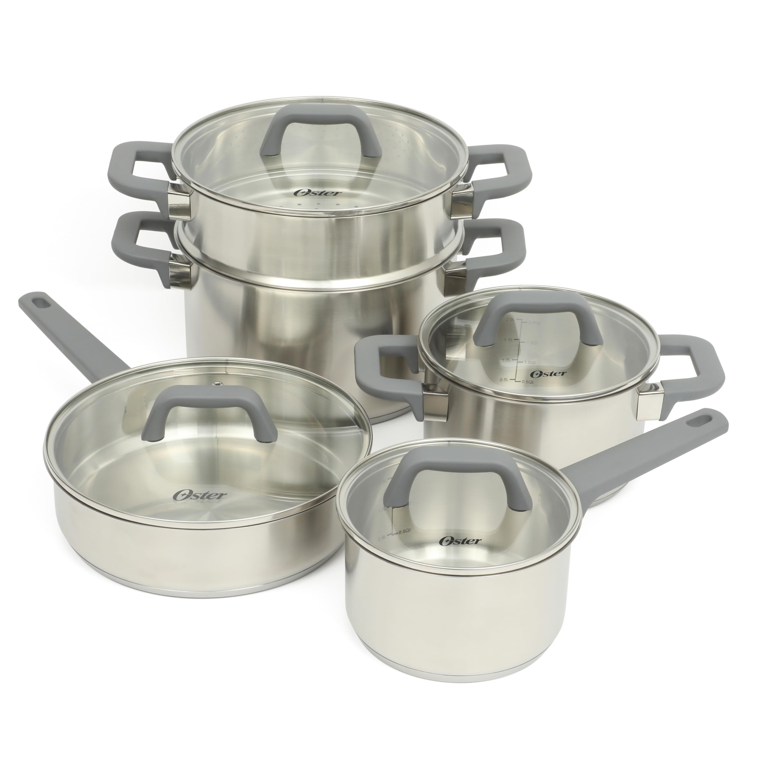 Oster Beauford 9 Piece Stainless Steel Non-Toxic Pots and Pans Cookware Set W/Tri-Ply Encapsulated Bottom & Soft Touch Handles