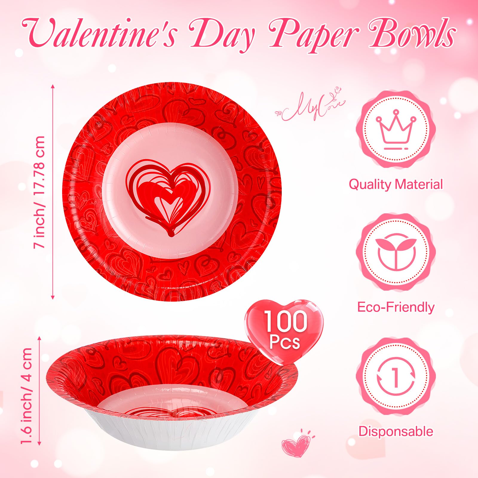 Sunnychicc 50 Pcs 16 oz Heart Paper Bowls, Disposable Soup & Dessert Bowls, White Cardboard, 7 x 1.6 inches for Parties & Weddings