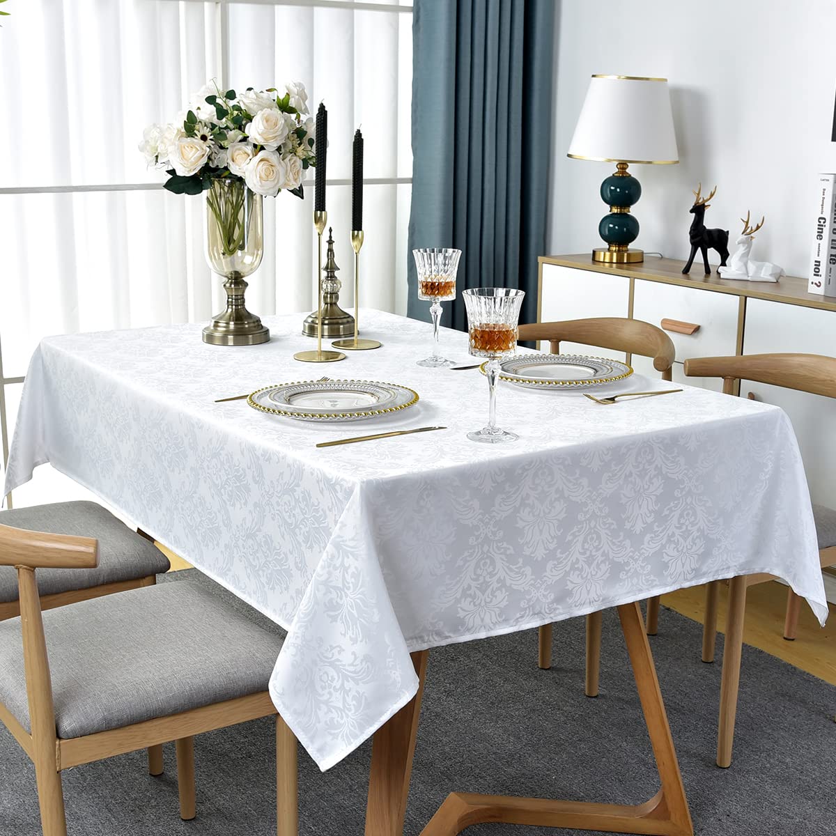 Sastybale White Tablecloth Rectangle 60 X 120 Inch Jacquard Damask Tablecloth, Spill Proof & Wrinkle Free Table Cloth, Heavy Dut