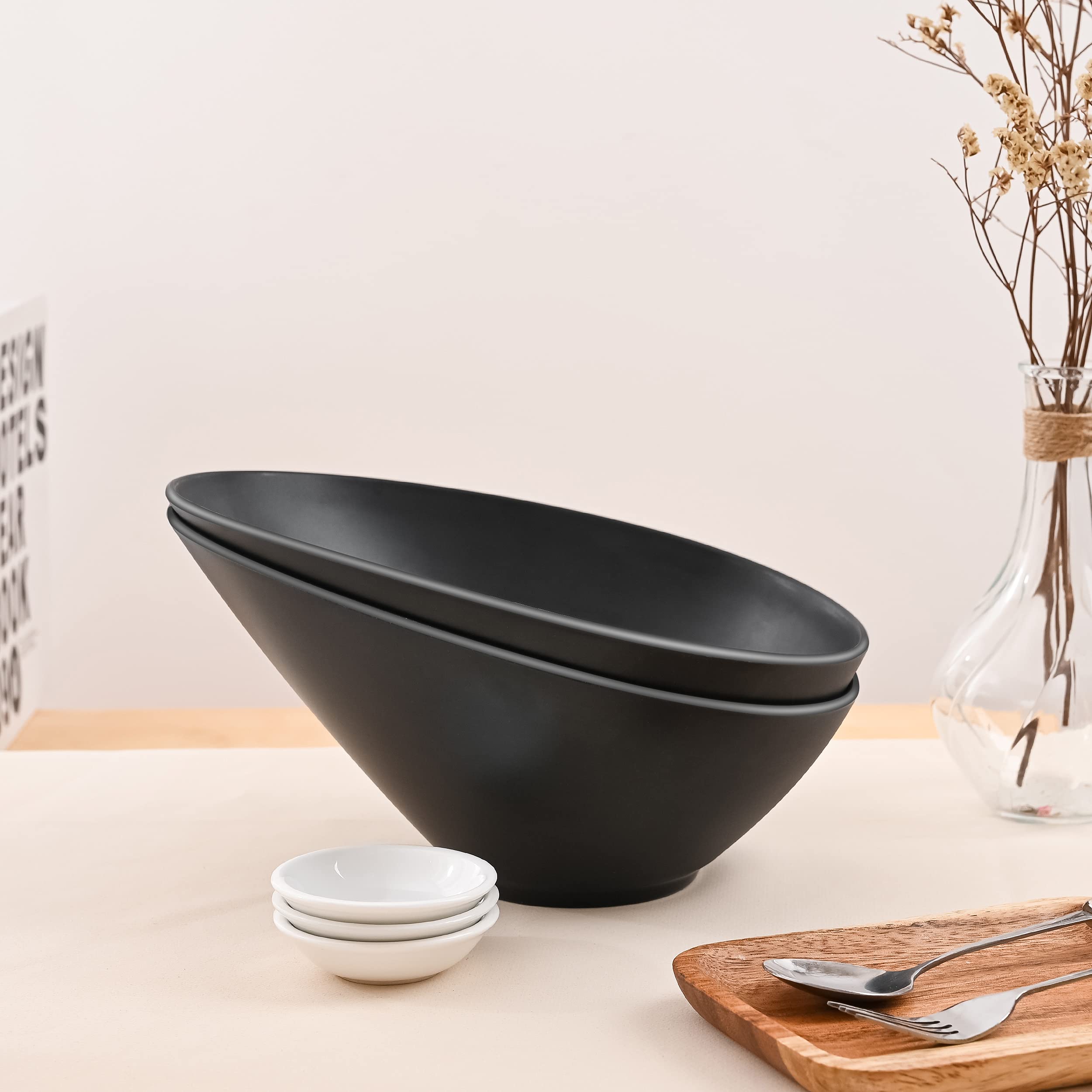 Lovyanxue Bamboo Fiber Salad Bowls, Compostable Elegant Black Serving Angled Bowls For Salad, Pasta, Soup, Prep, Ideal For Home