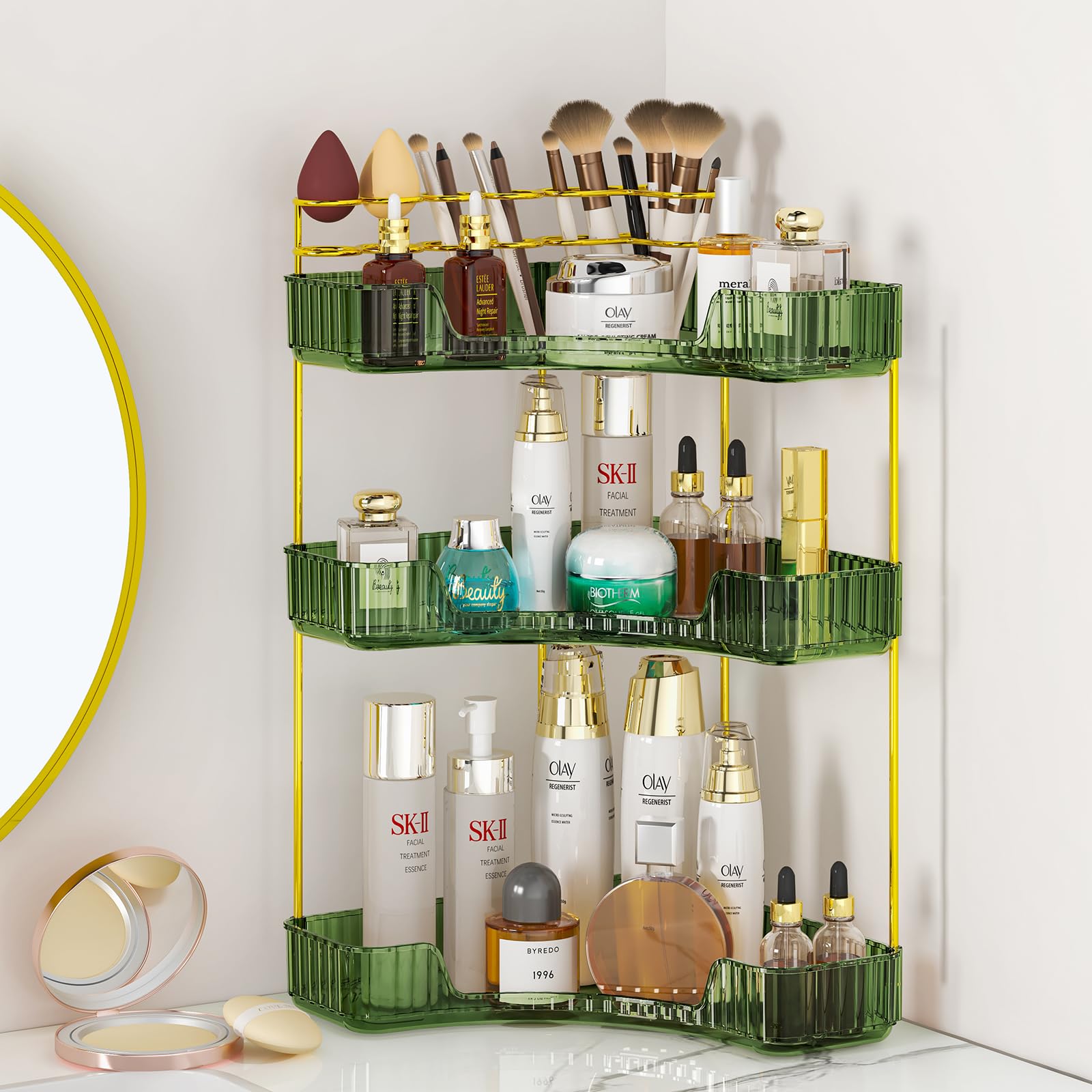 Sunzos 3-Tier Corner Bathroom Counter Organizer, Bathroom Organizer Countertop With Makeup Brush Holder, Vanity Makeup Cosmetic