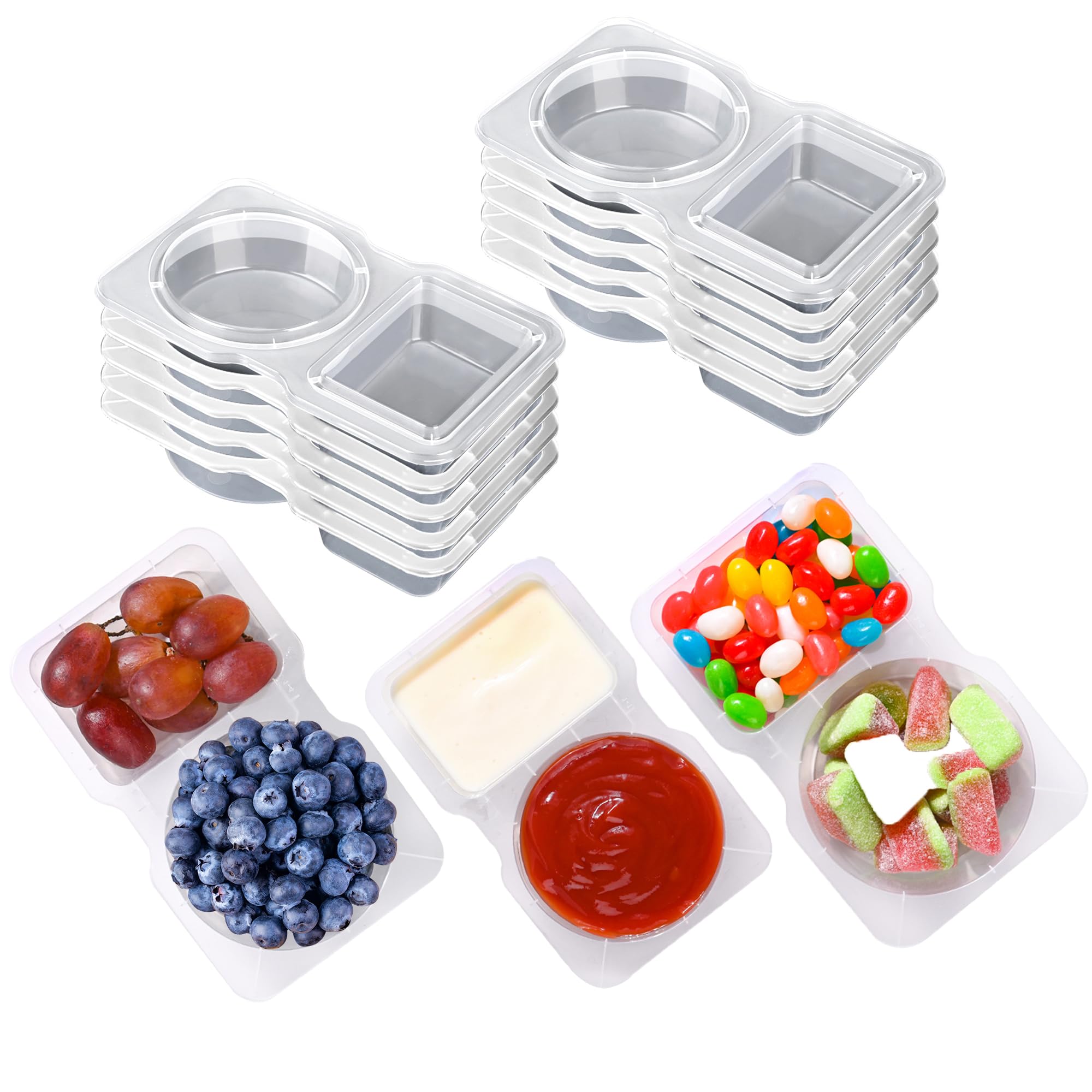 Rxrrxr 10Pcs Double Compartment Condiment Container Reusable Snack Container 2 Compartments With Lids Snack Pack Container Sauce