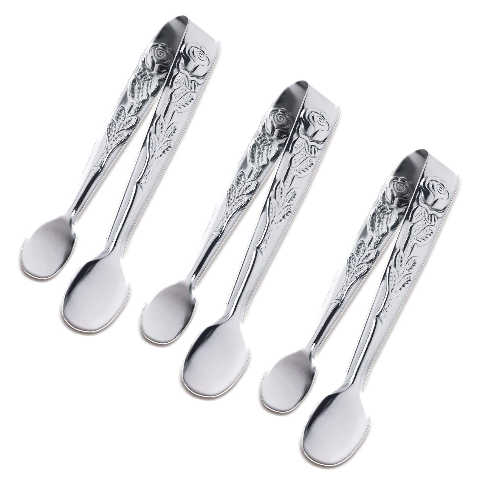 3Pcs Mini Serving Tongs, 4Inch Rose Stainless Steel Sugar Cube Tongs, Sliver Small Ice Tongs For Tea And Coffee Party, Appetizer