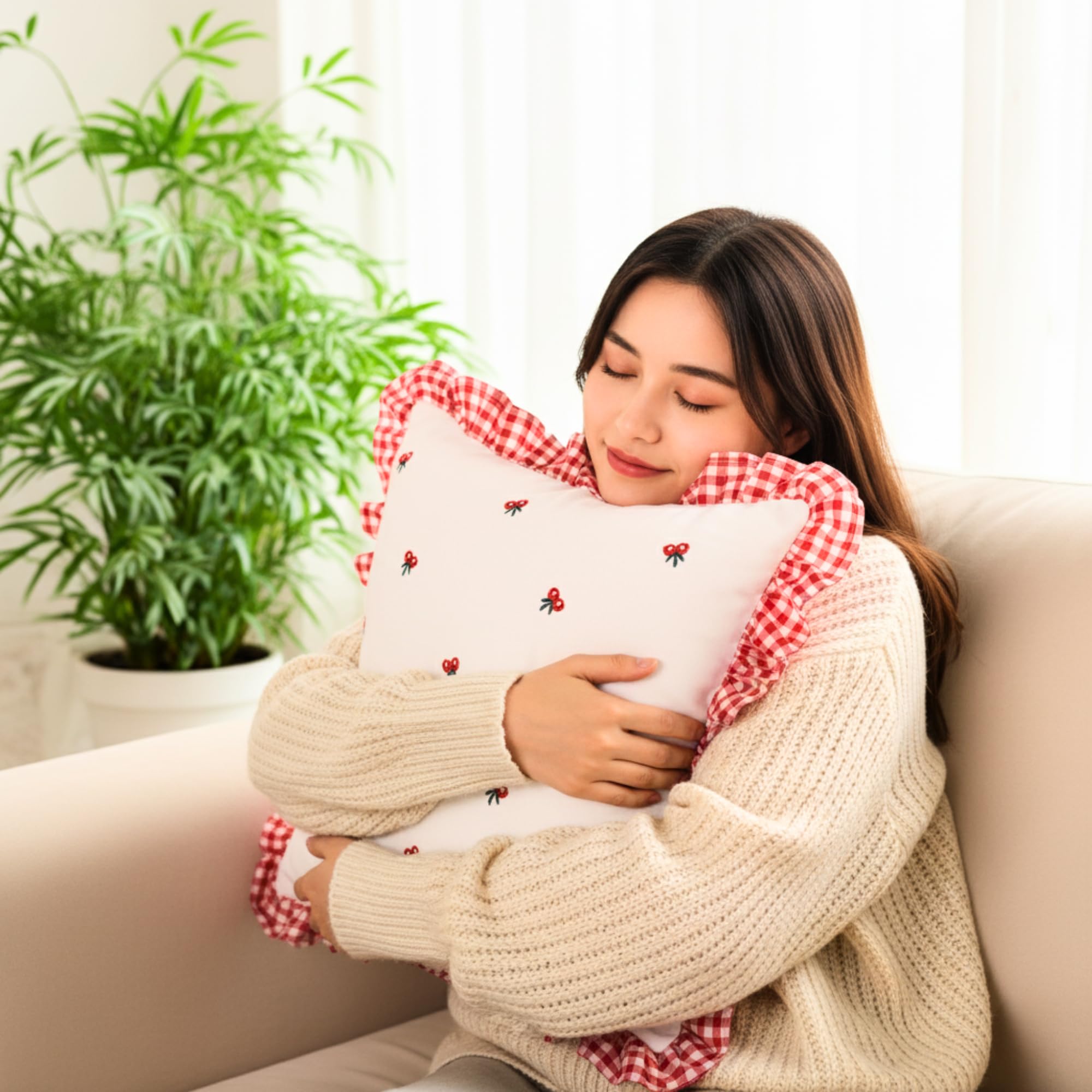 Sleepy Threads Red & White Square Cotton 180 Tc Cushion Cover Floral Embroidered | Set Of 5 | With Ruffle Frill Edging , 16X16 I