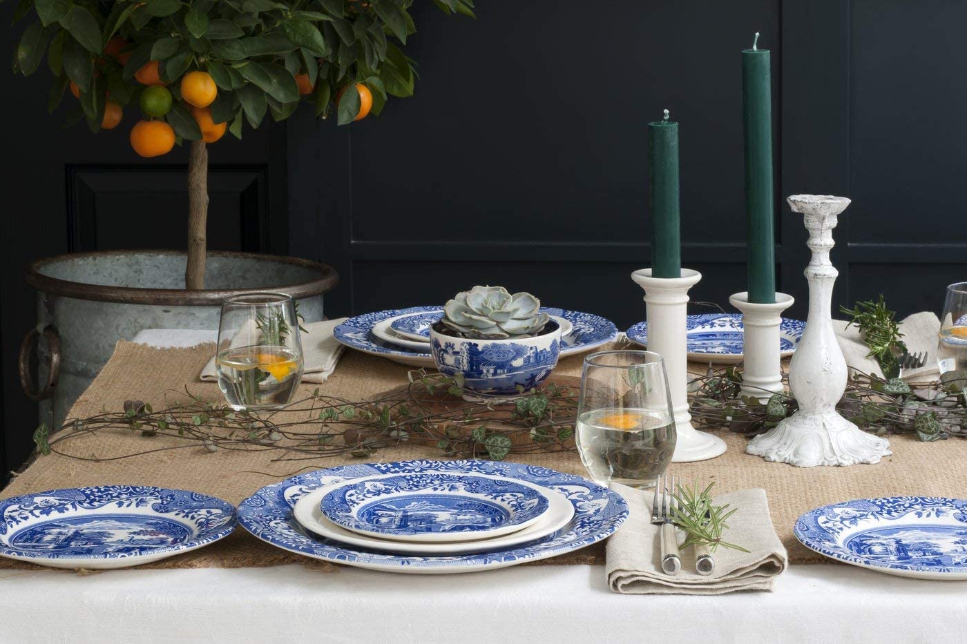 Spode Blue Italian 5-Piece Place Setting | Dinner Plate, Salad Plate, Bread & Butter Plate, Teacup and Saucer | Dishwasher Safe