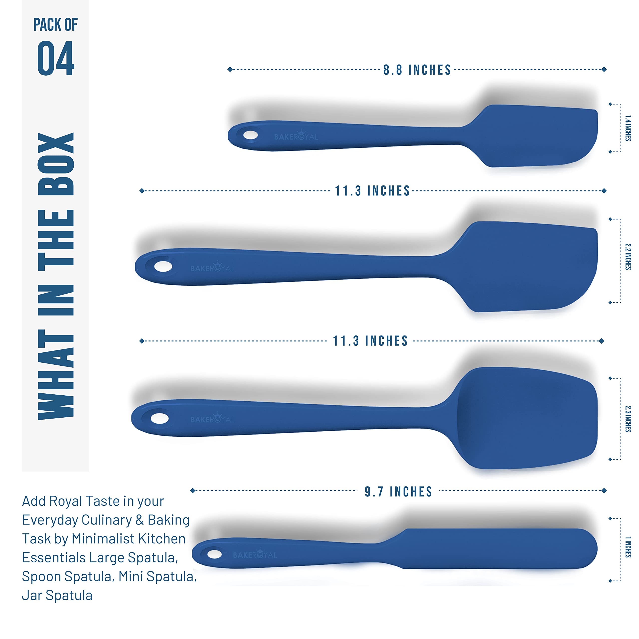 Bakeroyal Silicone Spatula Set - 4-Piece Rubber Spatulas Silicone Heat Resistant 600F For Everyday Task - Seamless Design Kitche