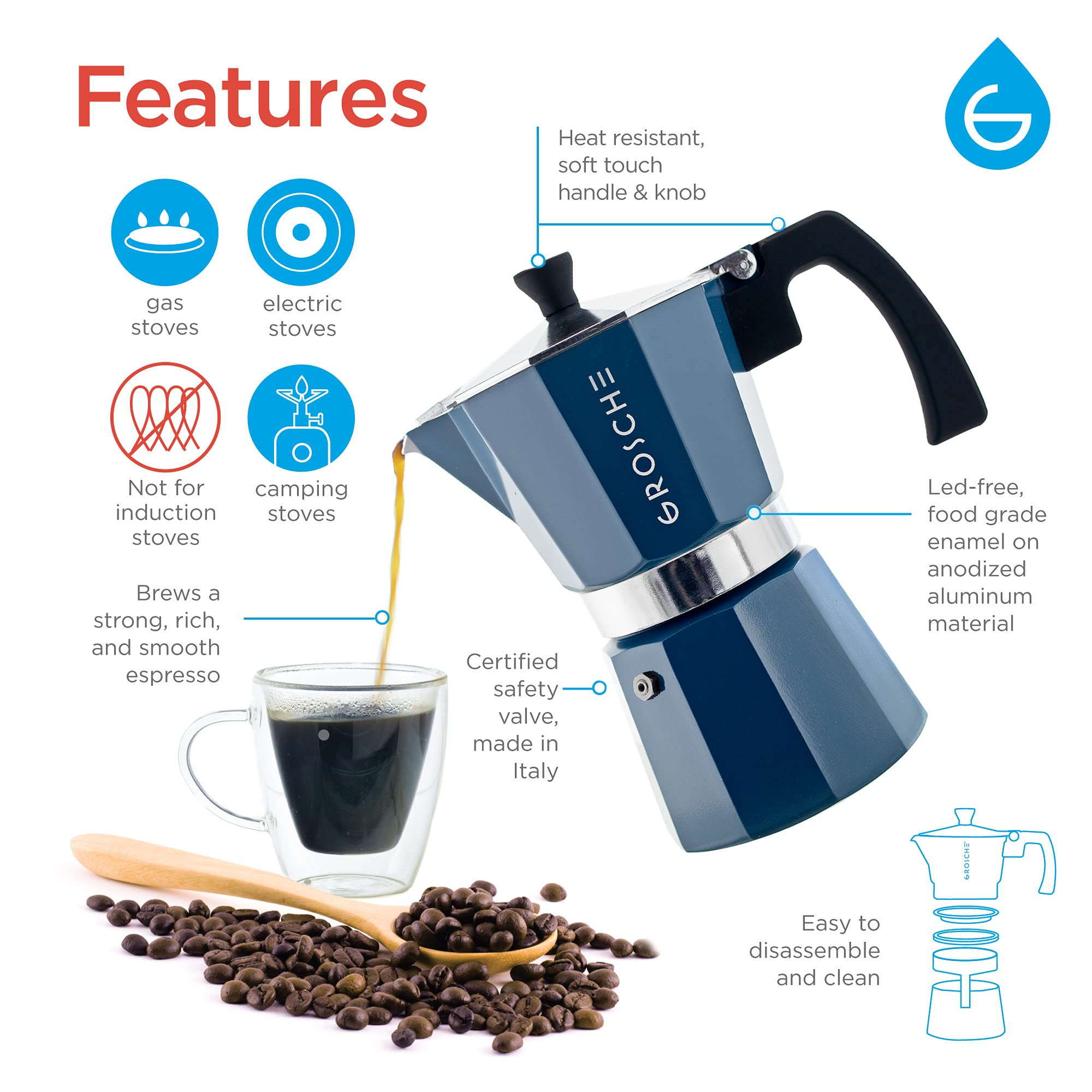 Grosche Milano Stovetop Espresso Maker Moka Pot 3 Espresso Cup - 5 Oz, Blue -Moka Espresso Coffee Maker Stove Top Coffee Maker M