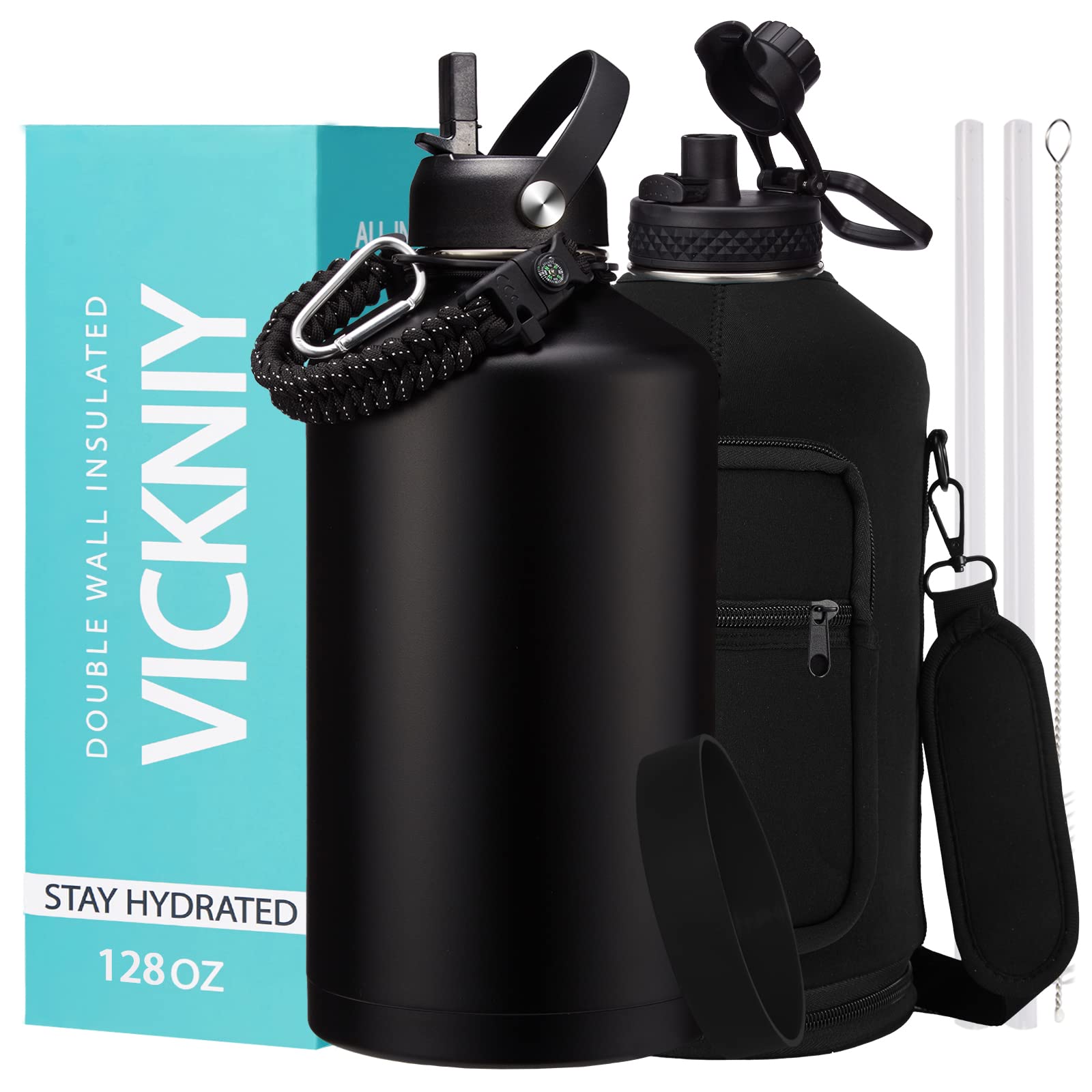 1 Gallon Insulated Water Bottle With Straw - 128Oz 64Oz Water Jug With Handle Paracord, Straw Spout Lids, Bottle Carrier, Double