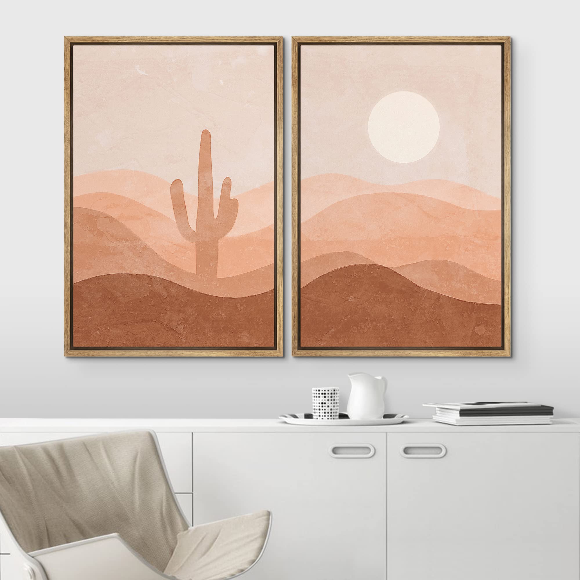 Idea4Wall Framed Wall Art Print Set Cactus Shining Sun Desert Valley Landscape Wilderness Nature Modern Art Boho Graphic Colorfu