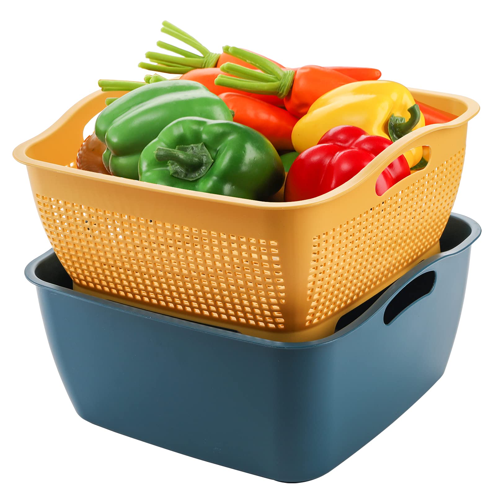 Jucoan 2 Pack 9 & 8 Quart Large Kitchen Strainer Colander Bowl Set, Double-Layer Plastic Fruits Vegetable Washing Basket, Drain