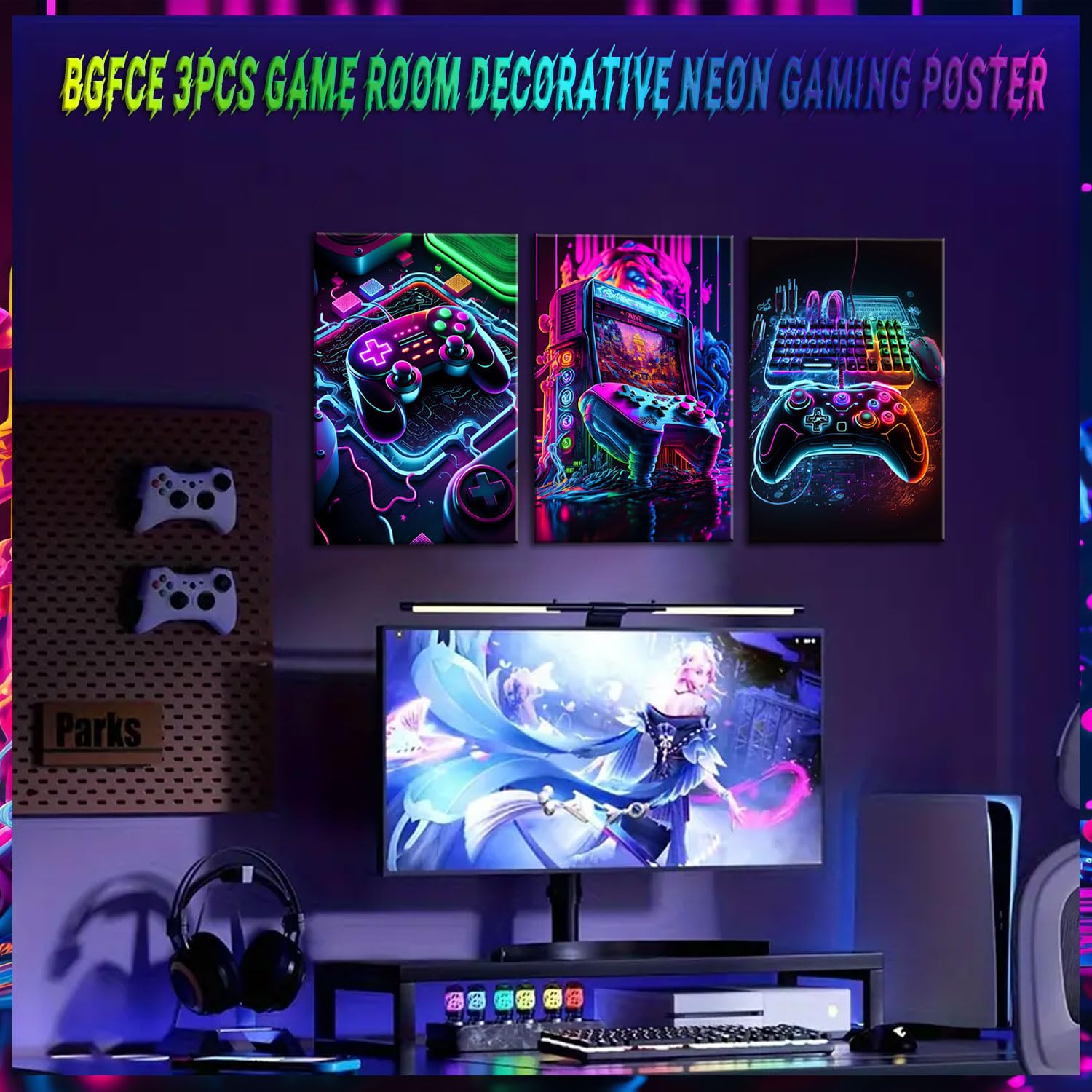 Bgfce 3Pcs Game Room Decor Neon Gaming Posters Wall Art Gamer Accessories Theme Canvas Print Game Console Painting Picture For C