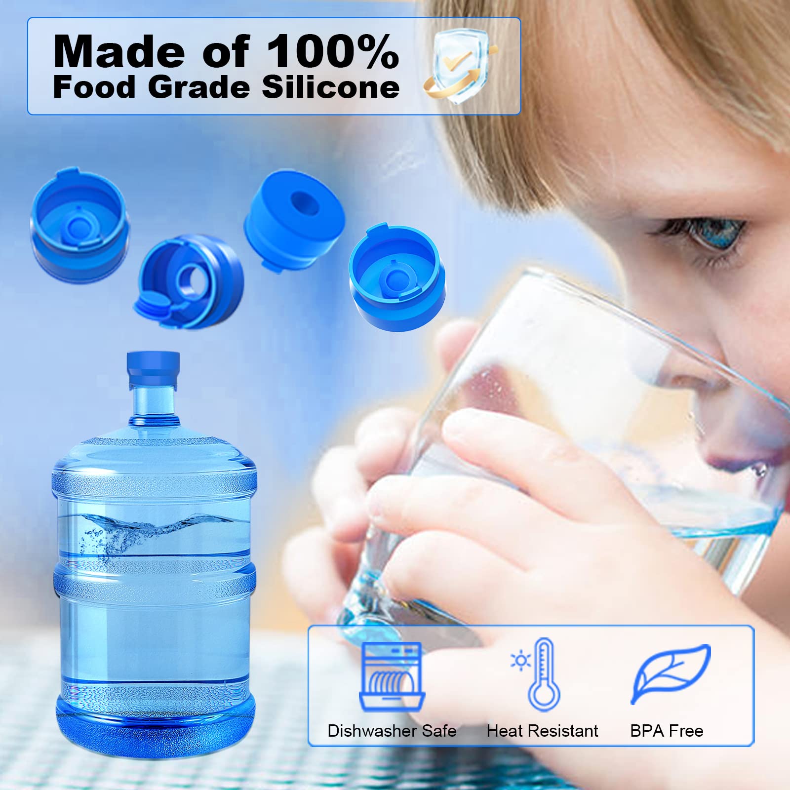 MYLOLF 12PCS 3 & 5 Gallon Water Jug Cap  Reusable Food Grade Silicone Replacement Cap for 55mm Standard/Screw/Crown Tops Water Bottle and Water Dispensers  Non-Spill & Leak Free - 12PCS