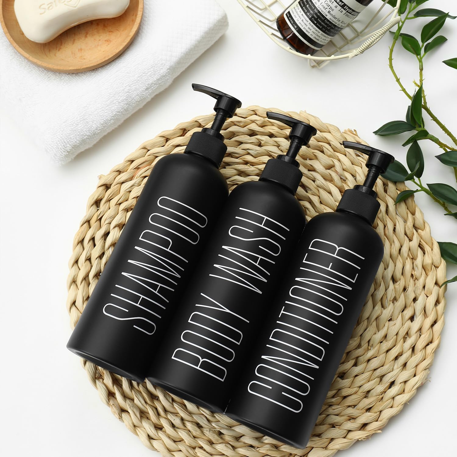 HOMCDALY Black Shampoo and Conditioner Dispenser, 16oz 3-Pack, Refillable Plastic Pump Bottles for Bathroom Shower