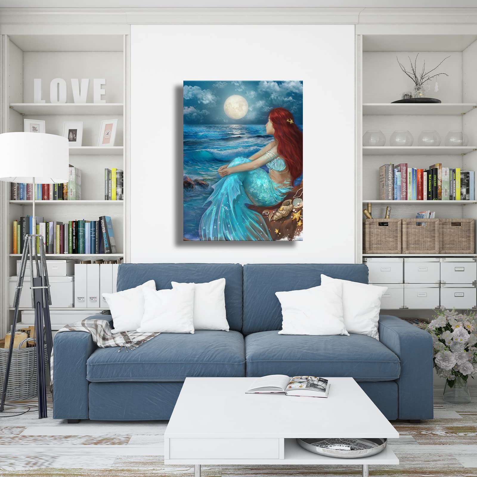 Sdya Aesthetic Wall Art For Living Room Bedroom Wall Decor Blue Canvas Prints Moon Night Artwork 24''X 36'' Girls Room Decor