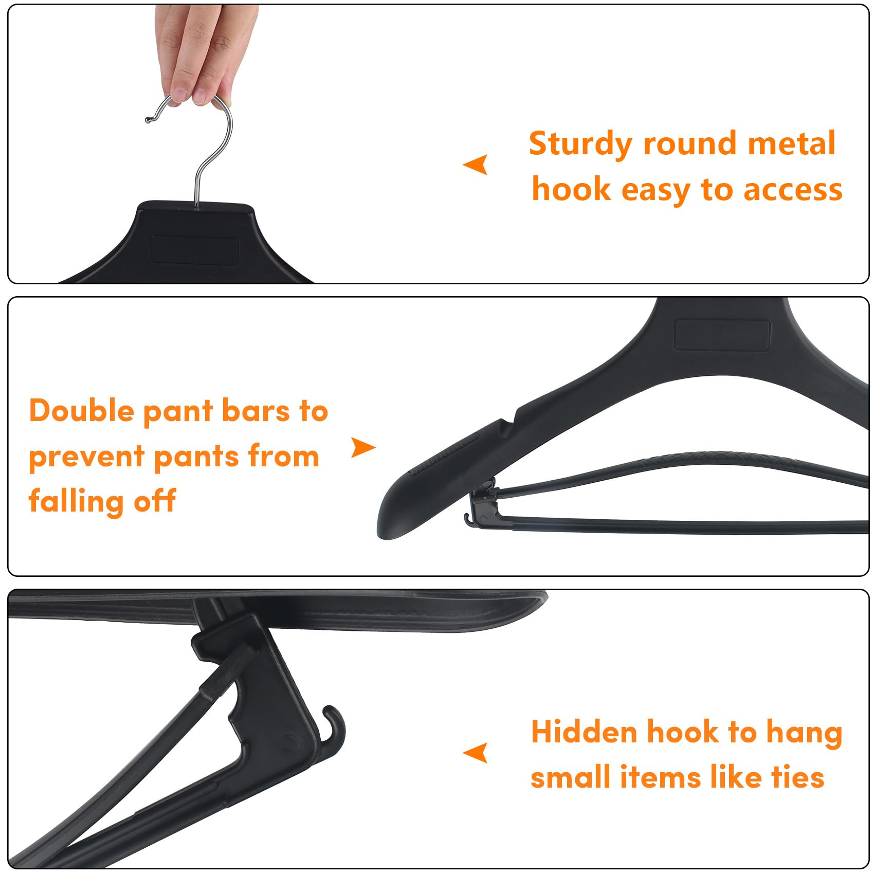 DEDU Plastic Extra Wide Shoulder Suit Hangers for Men 40 Pack Width 17.3''  Black Sweater Hangers no Shoulder Bump Non Slip for Thick Sweaters  Clothes Hangers with Pants Bar 360? Swivel Metal Hook