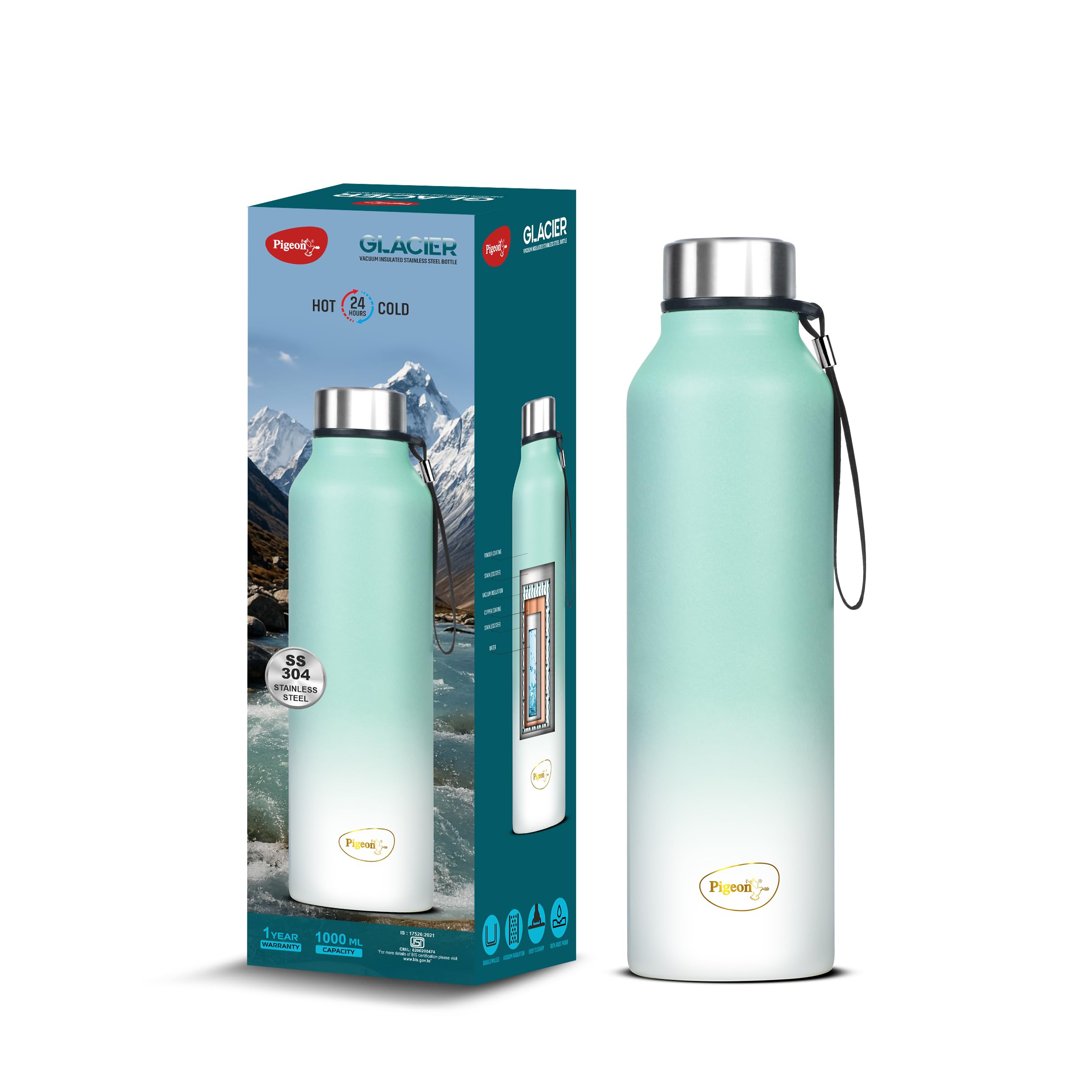 Pigeon By Stovekraft Glacier 1000 Ml Vacuum Wide Mouth Bottle, Hot & Cold Retention & Leak Proof (Teal Blue)
