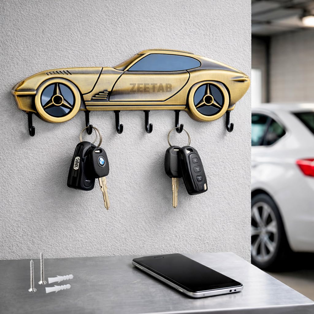 Zeetab Car Key Holder | Car Key Stand & Brass Metal Wall Mount Hanger with 6 Hooks | Home Decor Gift (20x7cm) (Antique Blk)