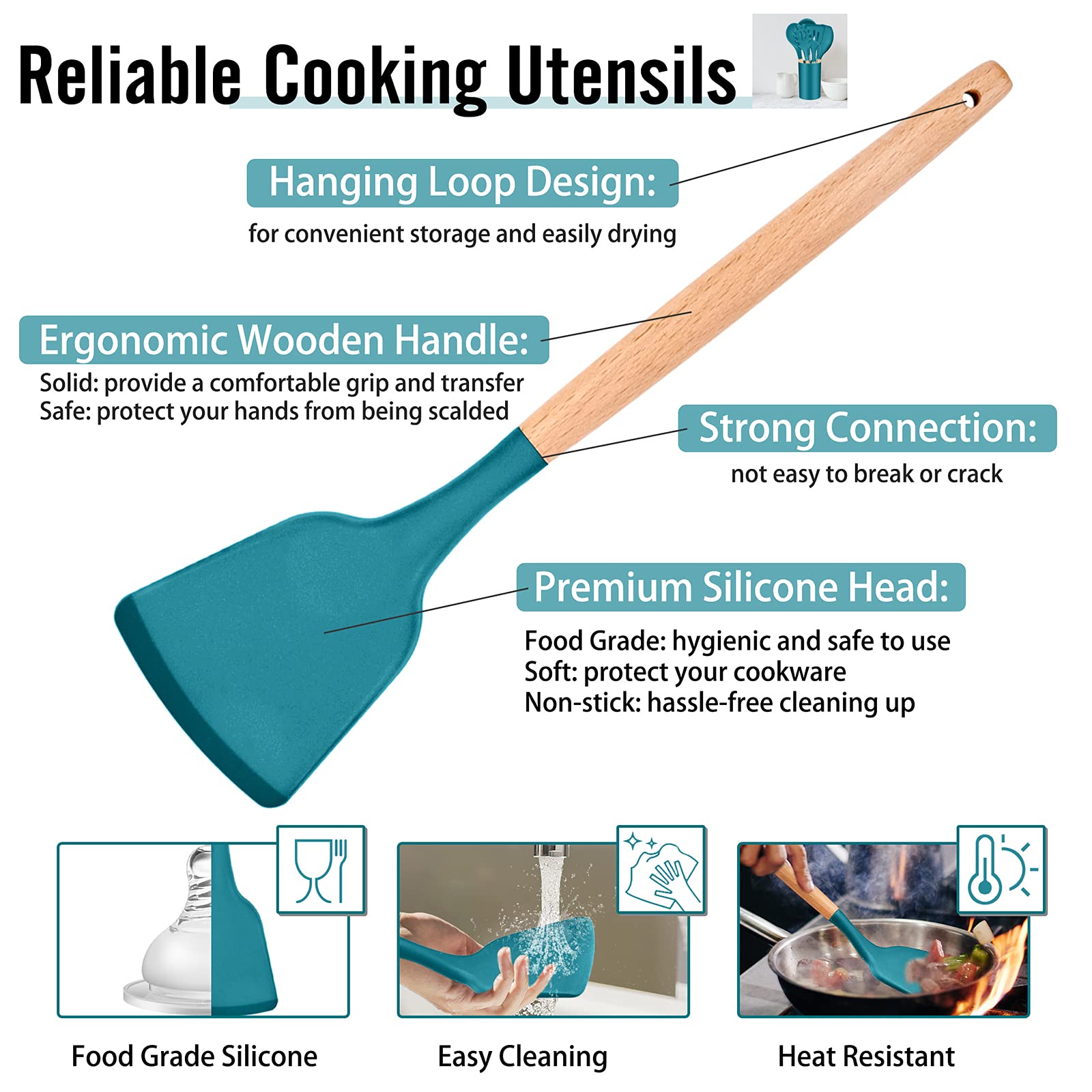 12Pcs Cooking Kitchen Utensils, P&P Chef Silicone Utensil Head With Wooden Handle, Turner, Ladle, Spoon, Spatula, Tong, Heat-Res