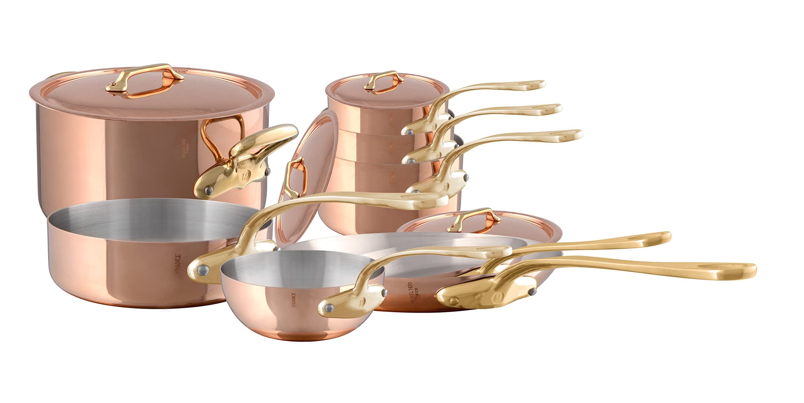 Mauviel MHeritage 200 B 2mm Polished Copper & Stainless Steel 12Piece Cookware Set With Brass Handles, Made In France