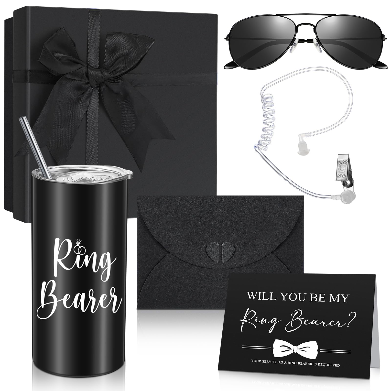 Seewey 6 Pcs Ring Bearer Gifts Set Wedding Party Favors, Include Tumbler With Straw, Will You Be My Ring Bearer Proposal Card, E