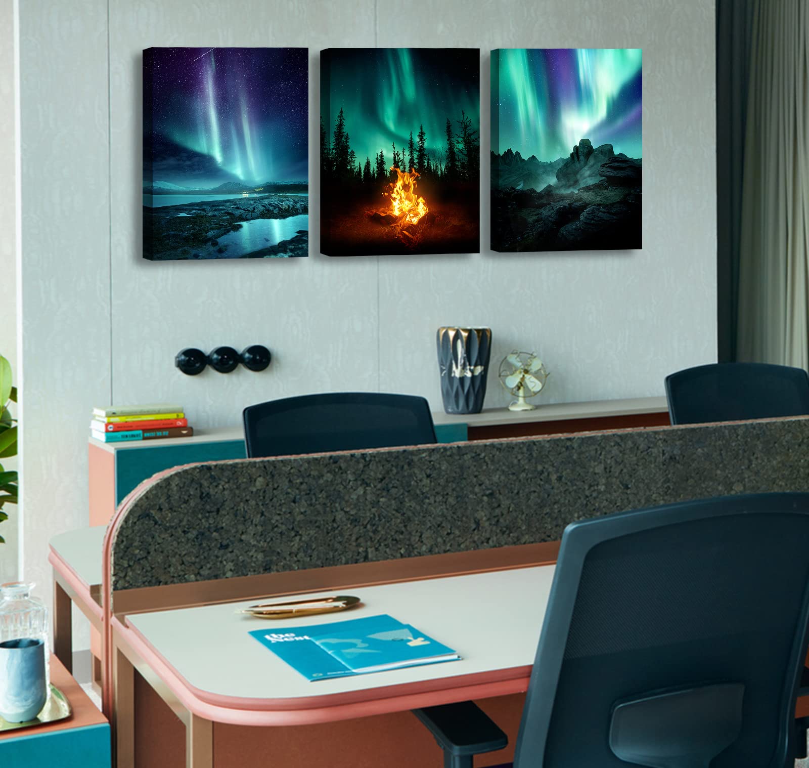 Wall Decor Living Room Bedroom Northern Lights 3 Panel Canvas wall art Paintings for Wall Decorations Modern Bathroom Office Aurora Polaris Nature Landscape 12''x16''x3 Framed Ready to Hang