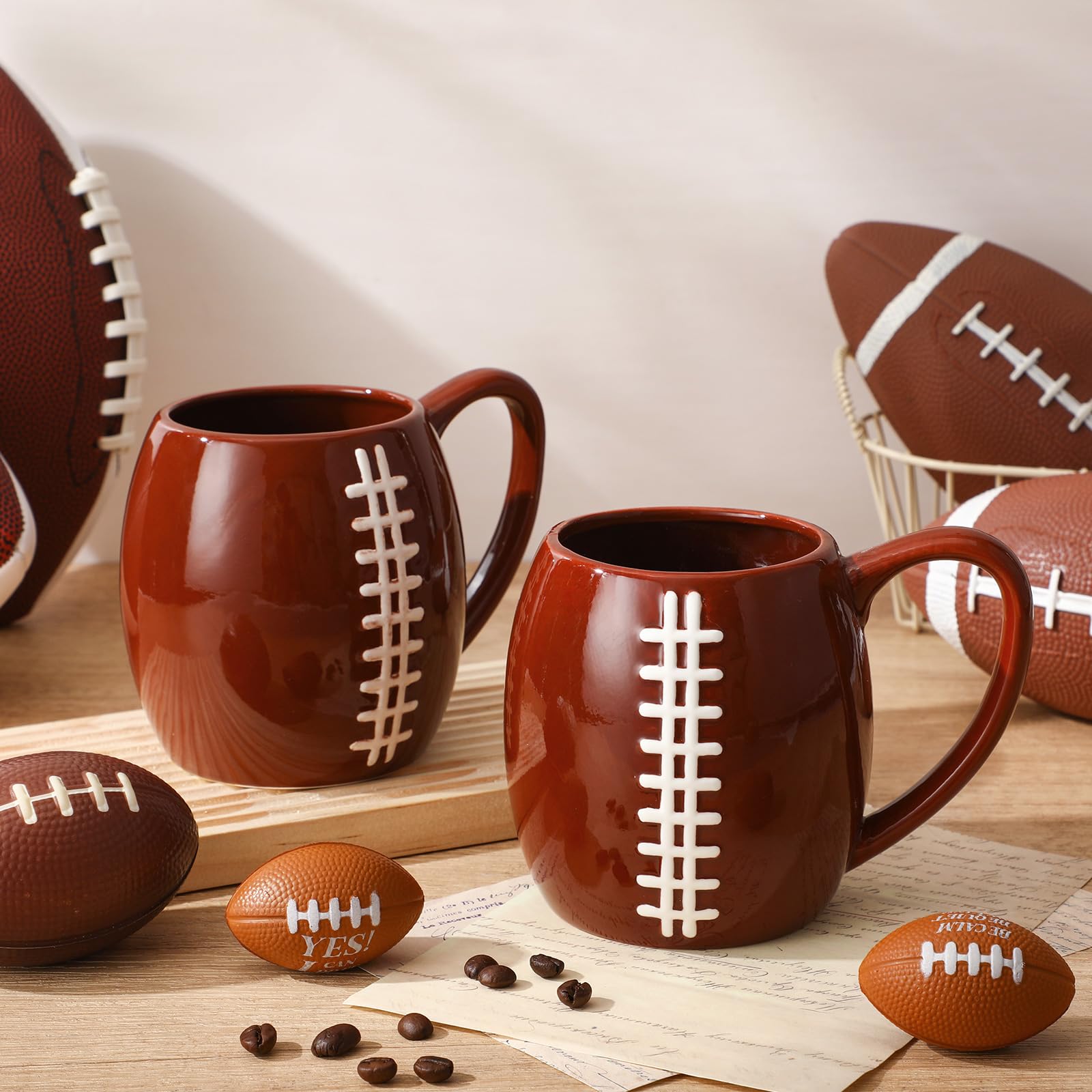 FoldTier 2 Pcs 17oz Football Ceramic Coffee Mugs, 3D Handmade Sports Design Porcelain Cups with Handle, Hand Painted Large Tea M