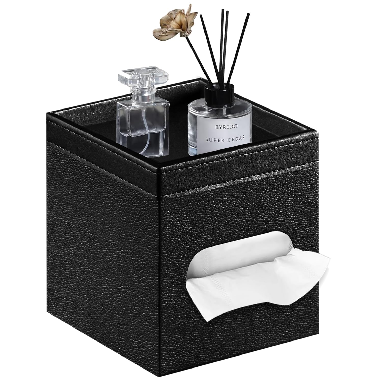 Yapishi Tissue Box Cover Square, Pu Leather Tissue Cube Box Holder With Storage Valet Tray, Decorative Tissue Holders, Modern Ti