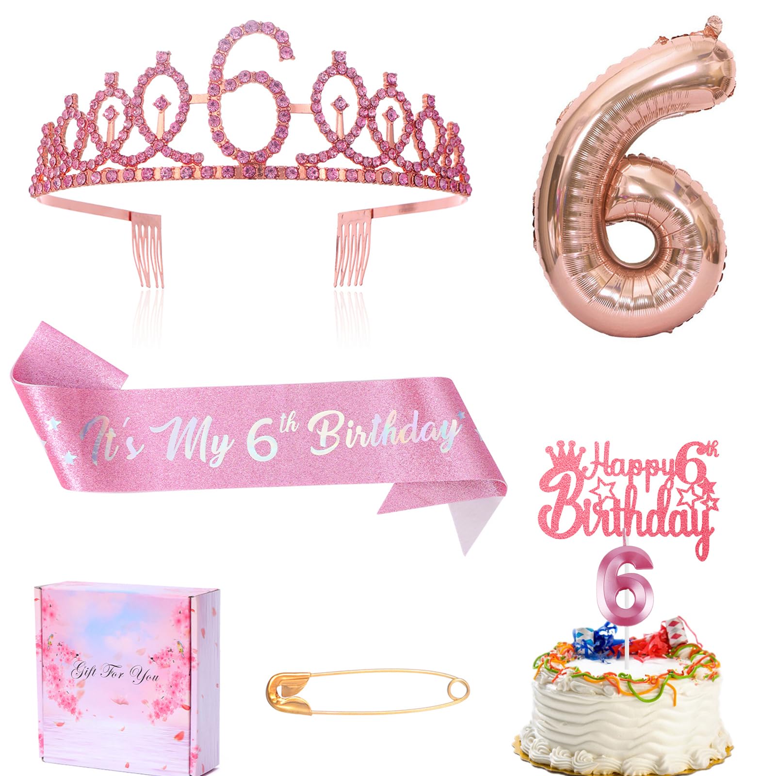 6Th Birthday Candle Sash And Tiara,It'S My 6Th Birthday Sash Rhinestone Crown Happy Birthday Cake Topper Foil 6 Balloon For Girl