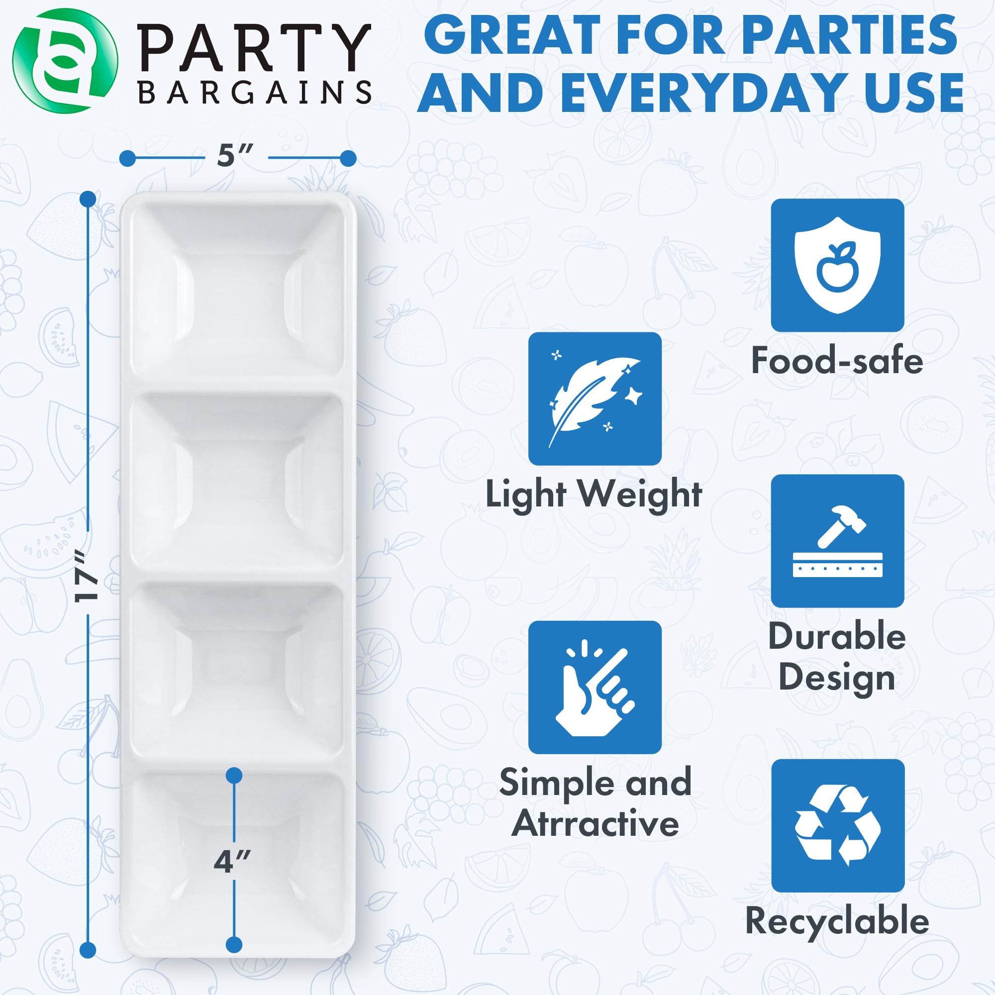 Party Bargains Disposable Sectional Rectangular Serving Tray White [4 Pack] 5 X 16 Inches. 4 Compartments Plastic Serving Tray F