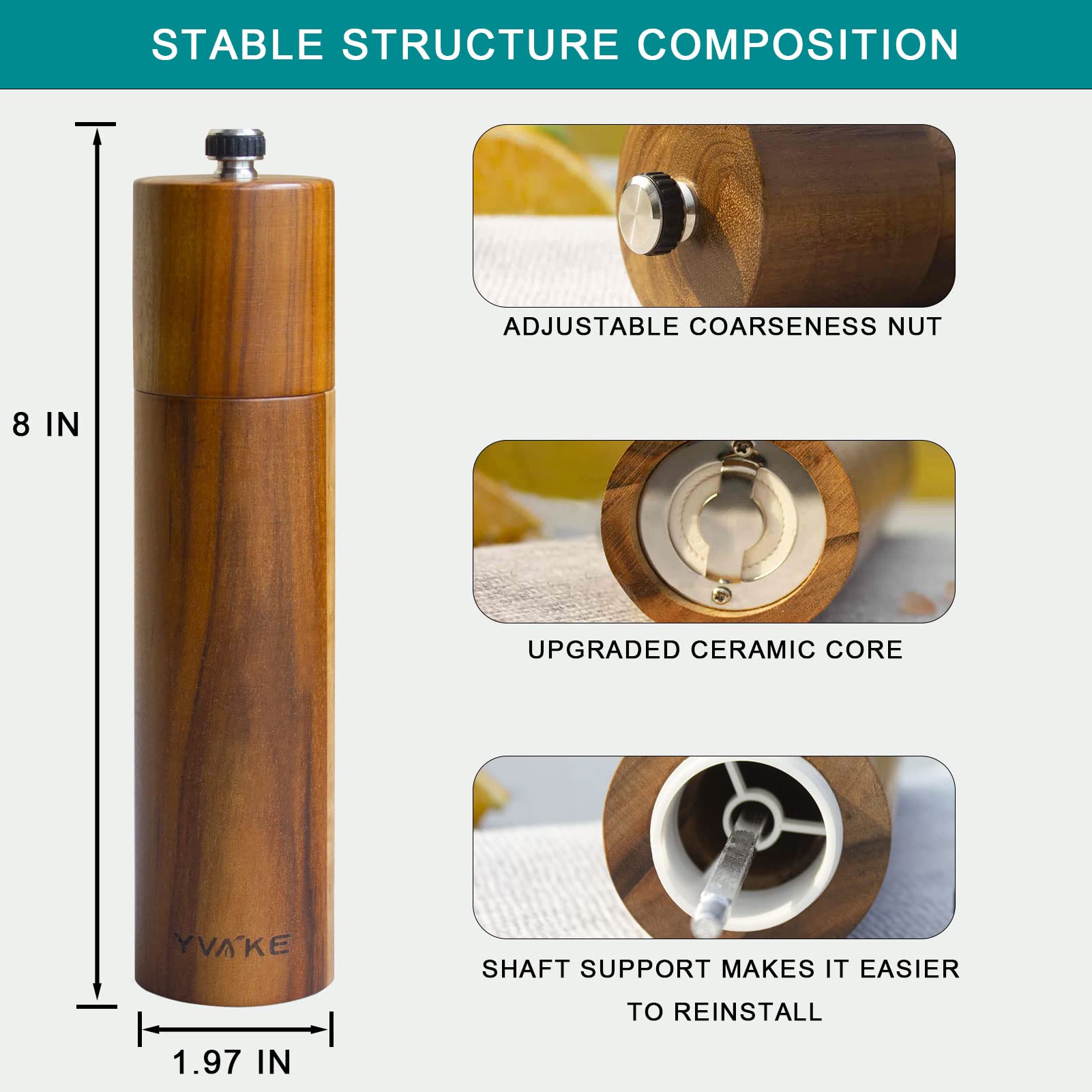 Yvake Wooden Salt And Pepper Grinder,8 Inch Manual Salt And Pepper Mill, Adjustable Coarseness And Refillable,Acacia Wood Pepper