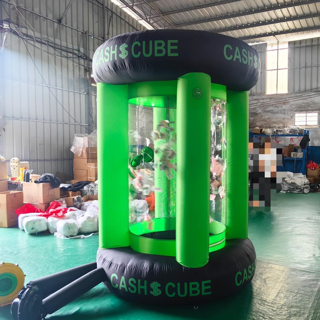 Green Inflatable Cash Cube Booth Inflatable Cube Cash Grab Machine Fast Money Booth Money Grab Machine with 2 Blowers for Promot