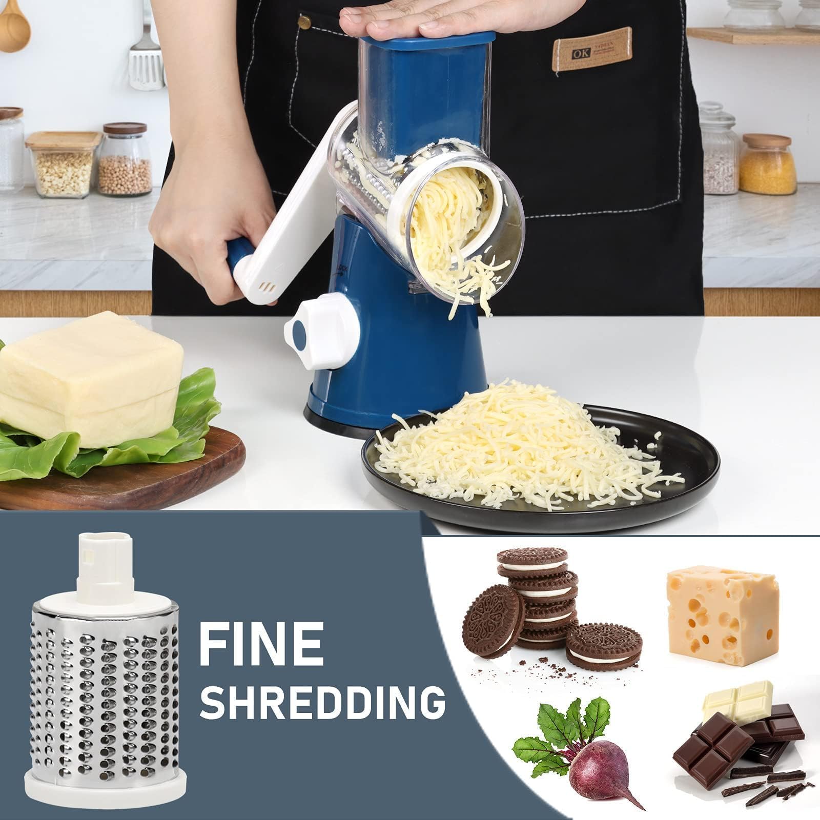 Keouke Rotary Cheese Grater With Handle Vegetable Cheese Shredder Slicer Grater For Kitchen 3 Changeable Blades For Cheese Potat