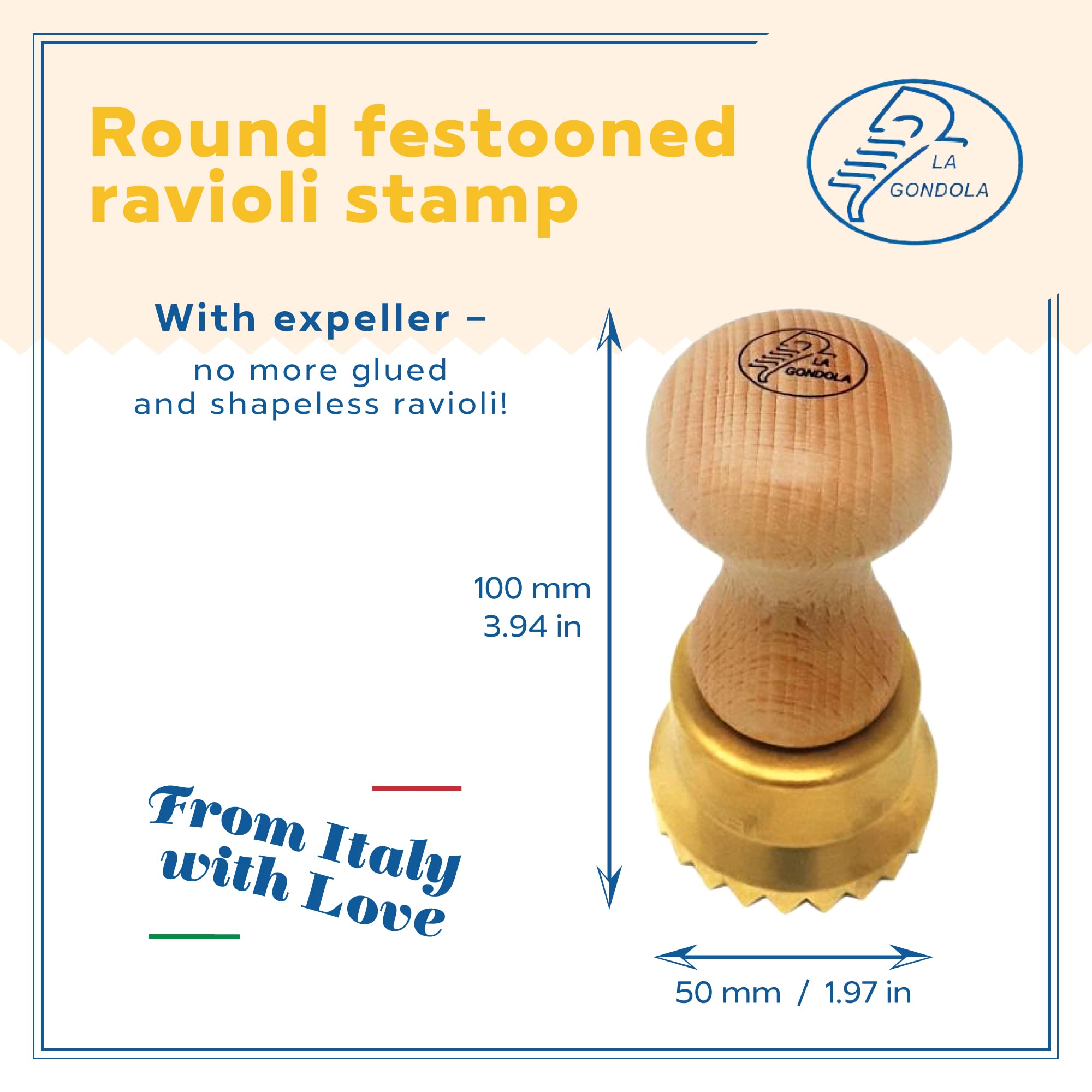 La Gondola Homemade Ravioli Stamp - Round Festooned 1.97In | Italian Pasta Making Tool For Home And Business | Brass & Natural W
