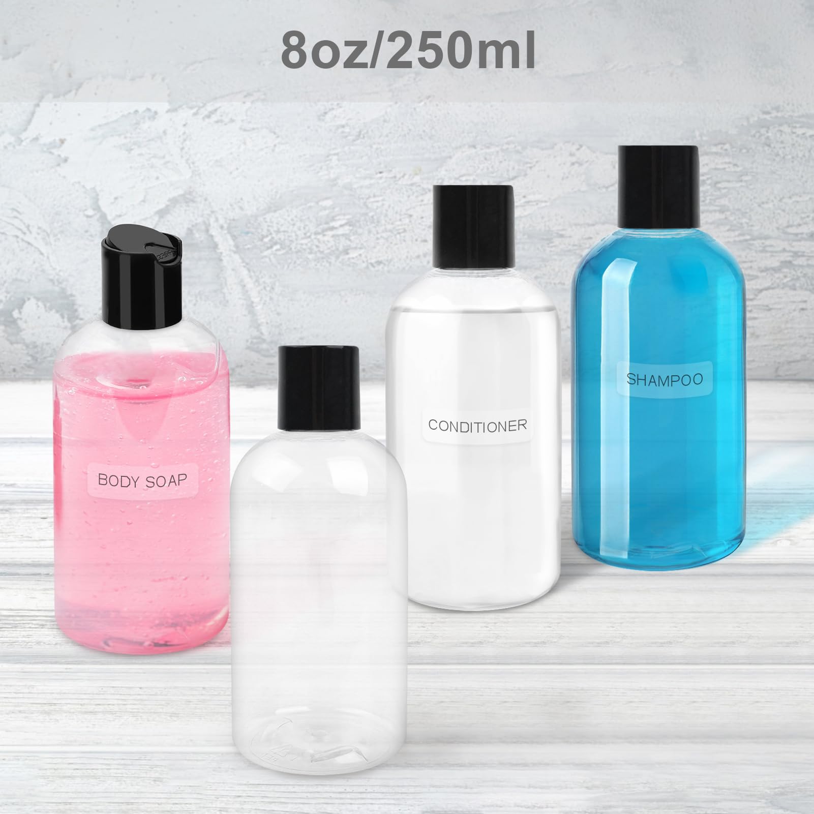 6 Pack 8 Oz Empty Plastic Bottles With Black Disc Caps Reusable Clear Leak-Proof Travel Squeeze Containers For Shampoo Condition