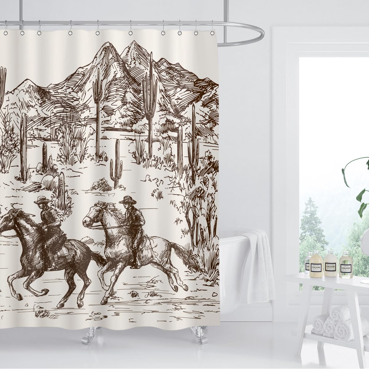 Zxmbf Western Cowboy Shower Curtain Cactus Farmhouse Country American Wild West Cowboy Riding Horse In Desert Hand Drawn Home Ba