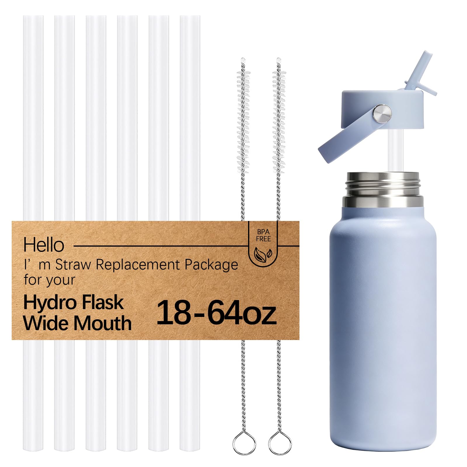 WK ieason 6pcs Replacement Straws Reusable Drinking Starws for Hydro Flask 32OZ, 18OZ and 64OZ, Plastic Straws with 2pc Cleaning