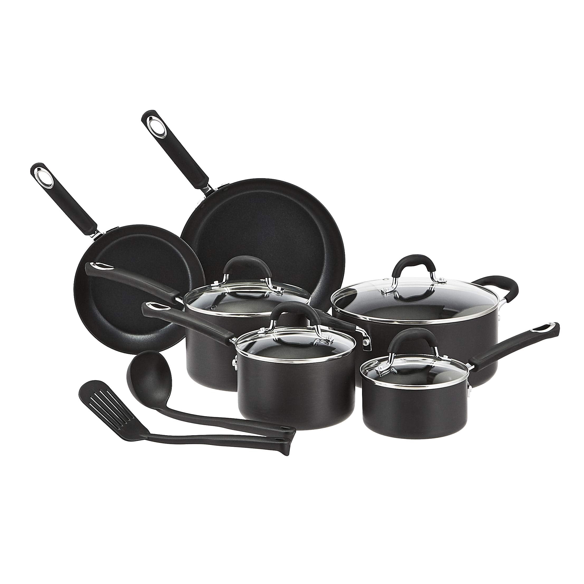 Amazon Basics NonStick Cookware Set, Pots and Pans with Lids, Hard Anodized Aluminum, Dishwasher Safe, Oven Safe, Black, 12Pie