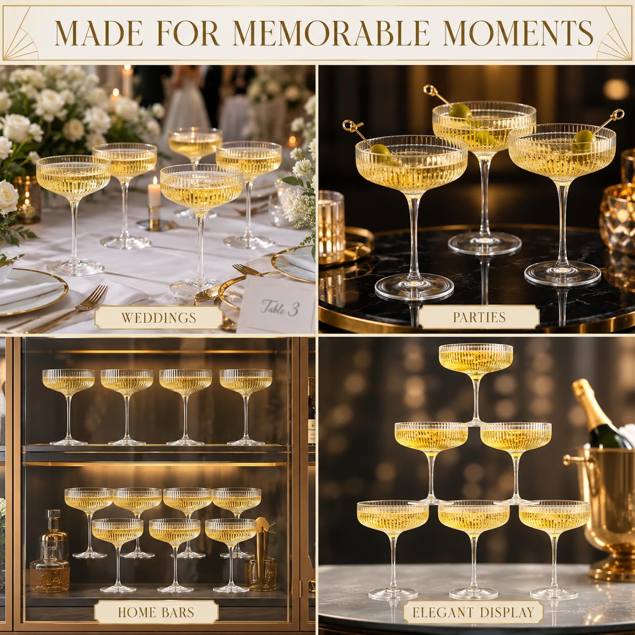 Como Ribbed Champagne Coupe Cocktail Glassware, Set of 12