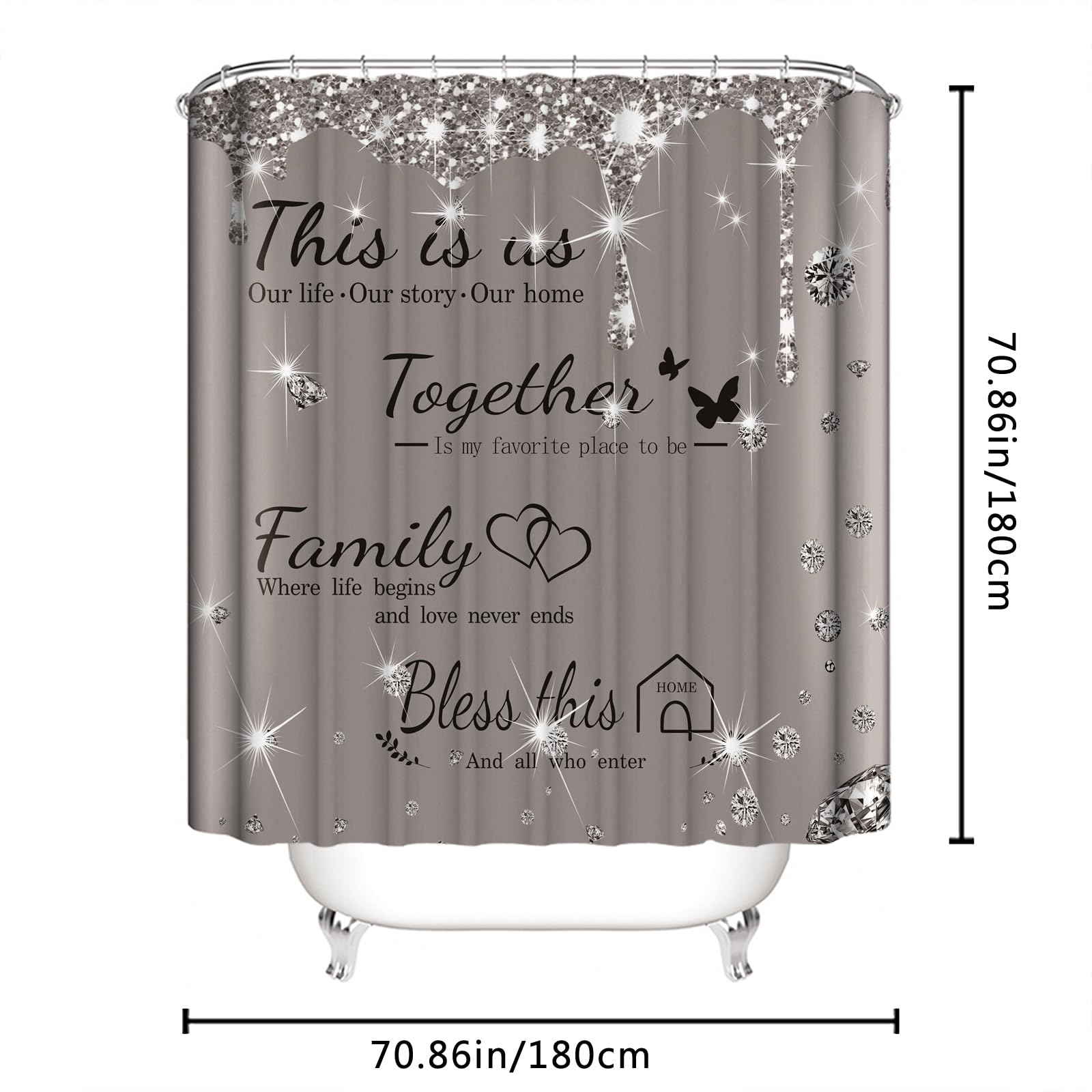 Juwute 4Pcs Family Shower Curtain Sets With Non-Slip Rugs, Toilet Lid Cover And Bath Mat,Grey Glitter Diamond Home Bathroom Deco