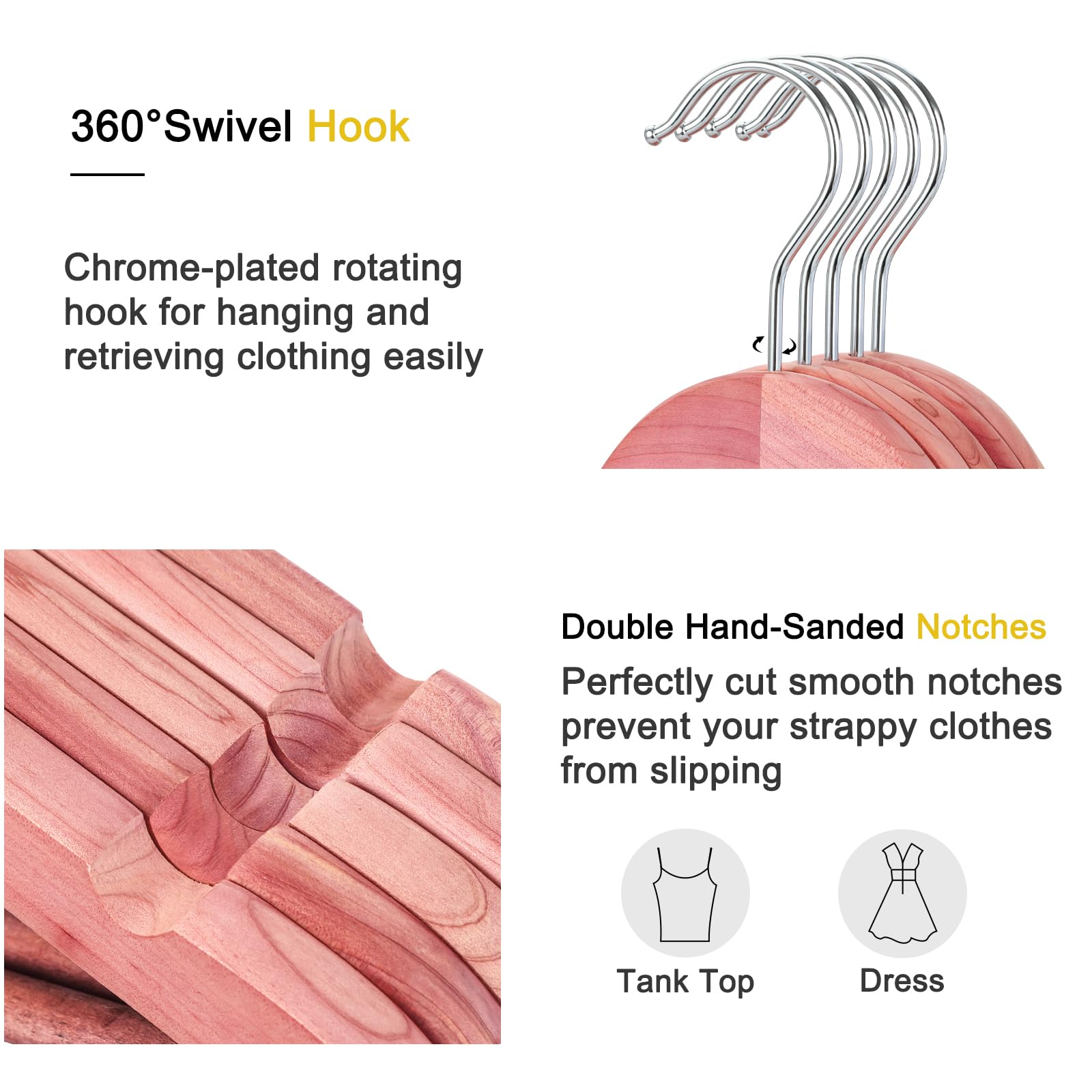 TOPIA HANGER American Red Cedar Wooden Hangers  Clothes Hangers for Closet  Wood Coat Hanger with Smooth Cut Notches  360?Flexible Hook  Non-Slip Pants Bar 10 Pack-CT07C