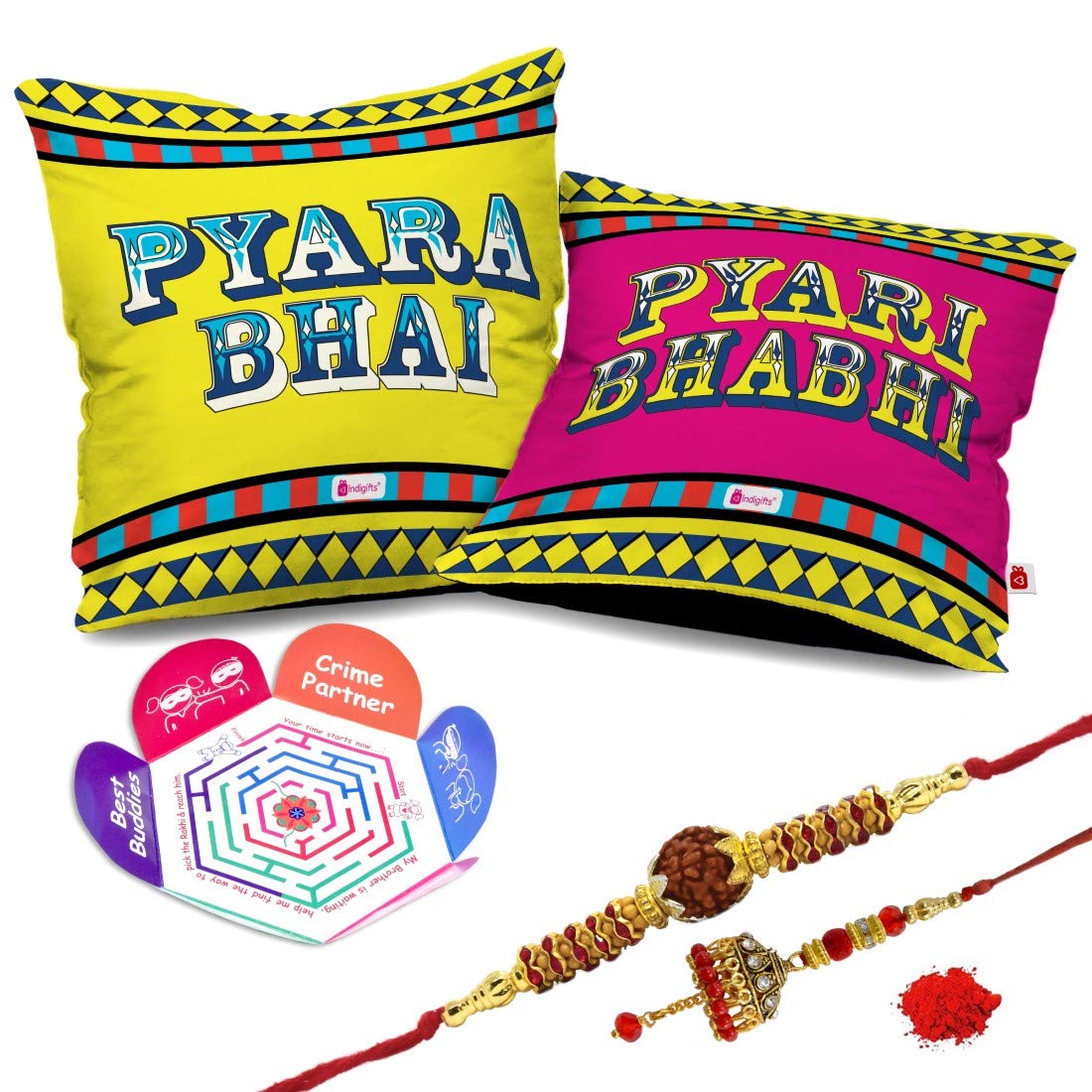 Indigifts Rakhi for Bhaiya Bhabhi | Pyara Bhai & Bhabhi Printed Cushion Cover 12x12 with Filler, Lumba Rakhi for Bhaiya Bhabhi f
